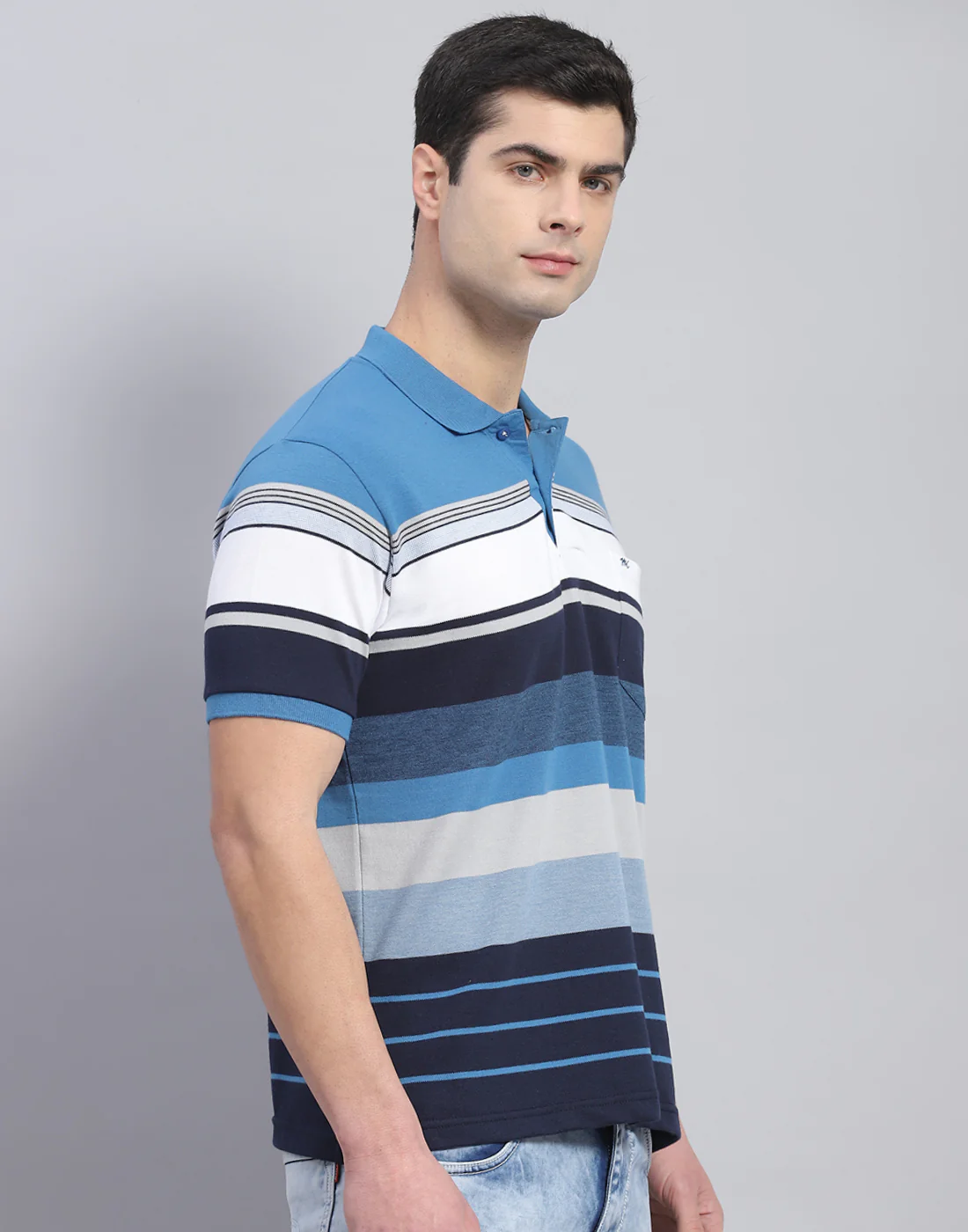 Men Blue Stripe Polo Collar Half Sleeve T-Shirt - Image 5
