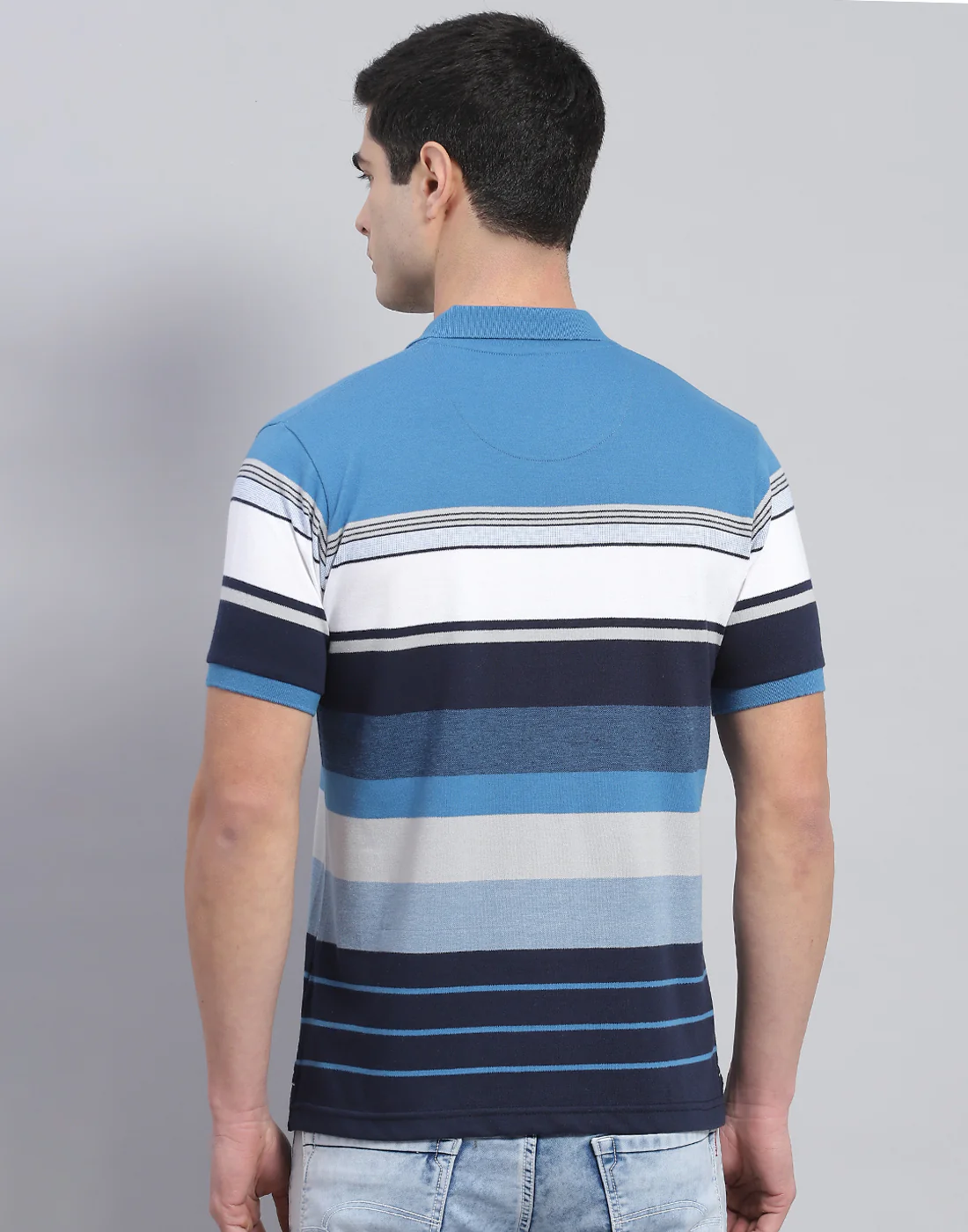 Men Blue Stripe Polo Collar Half Sleeve T-Shirt - Image 6