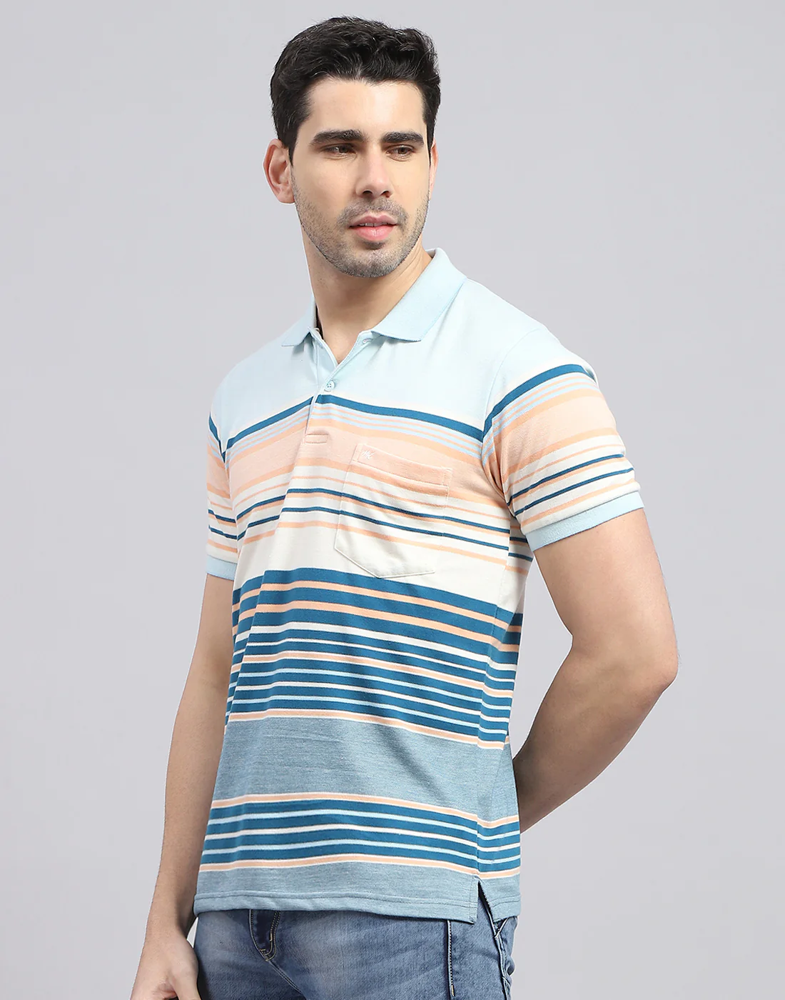 Men Blue Stripe Polo Collar Half Sleeve T-Shirt - Image 3