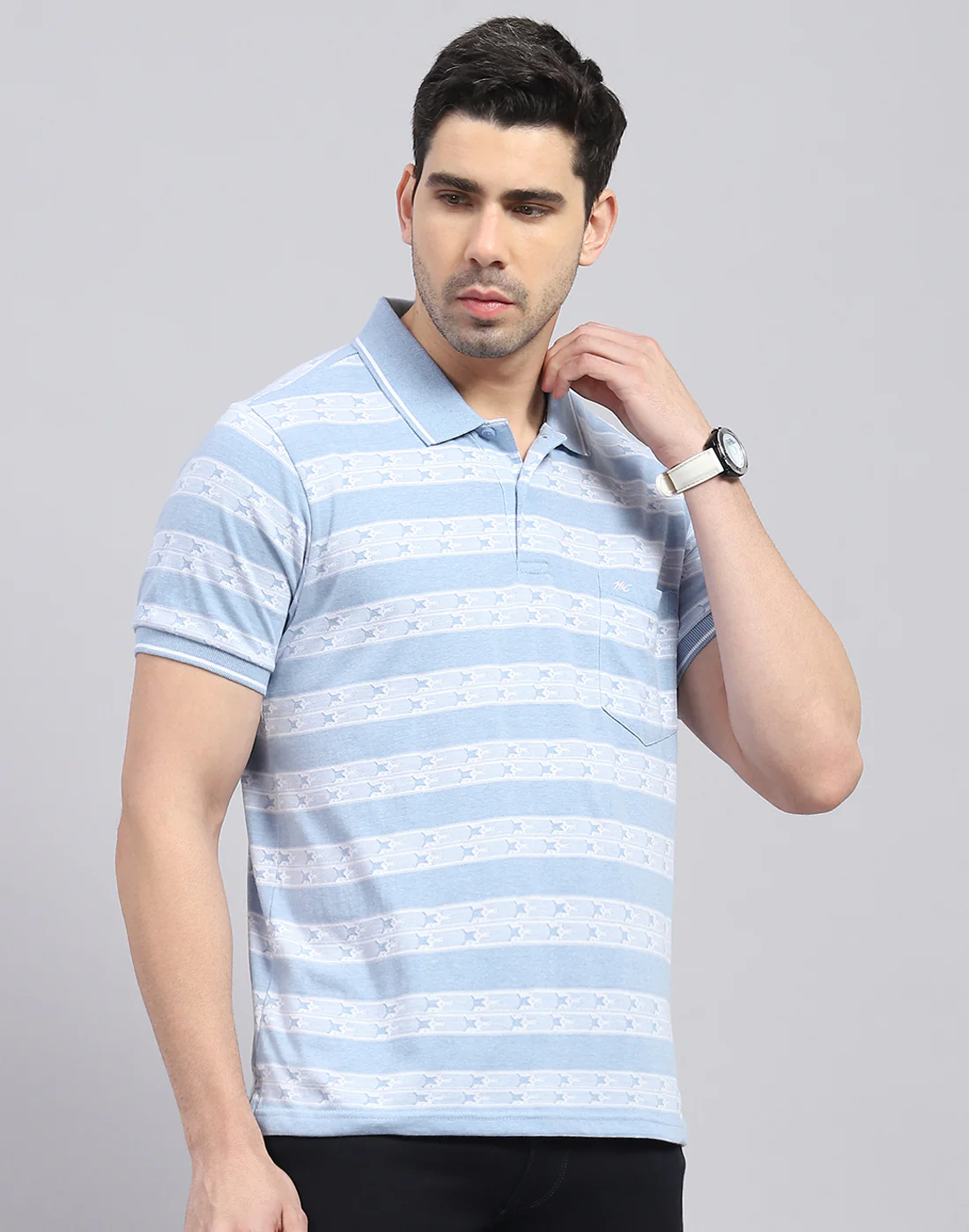 Men Blue Stripe Polo Collar Half Sleeve T-Shirt - Image 4