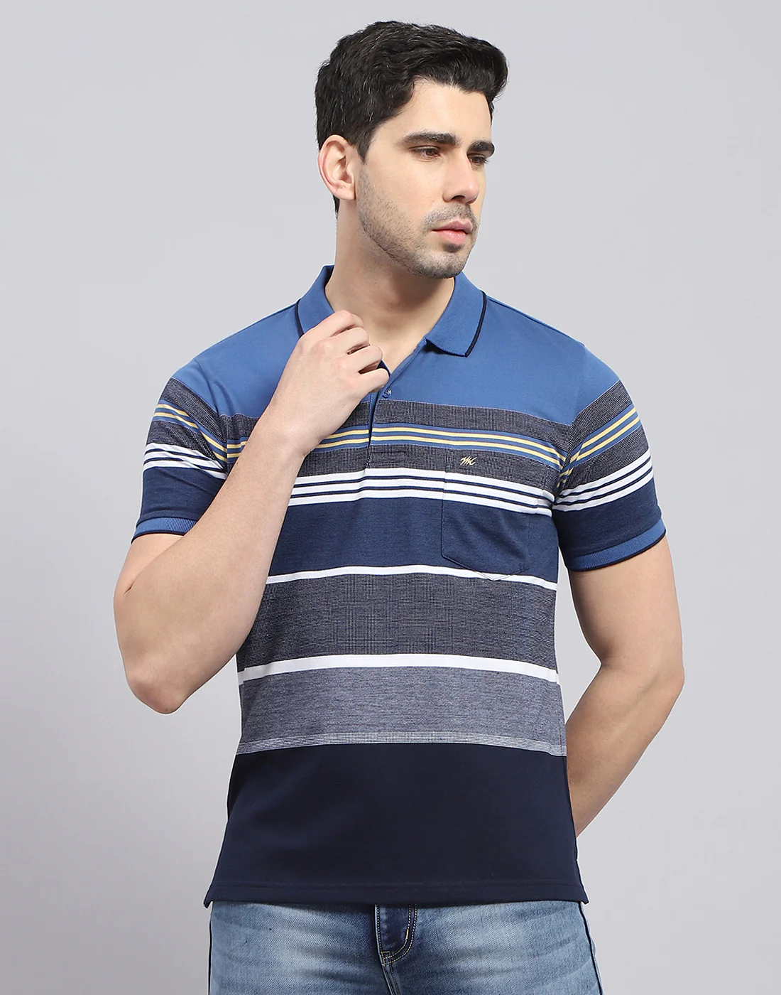 Men Blue Stripe Polo Collar Half Sleeve T-Shirt - Image 3