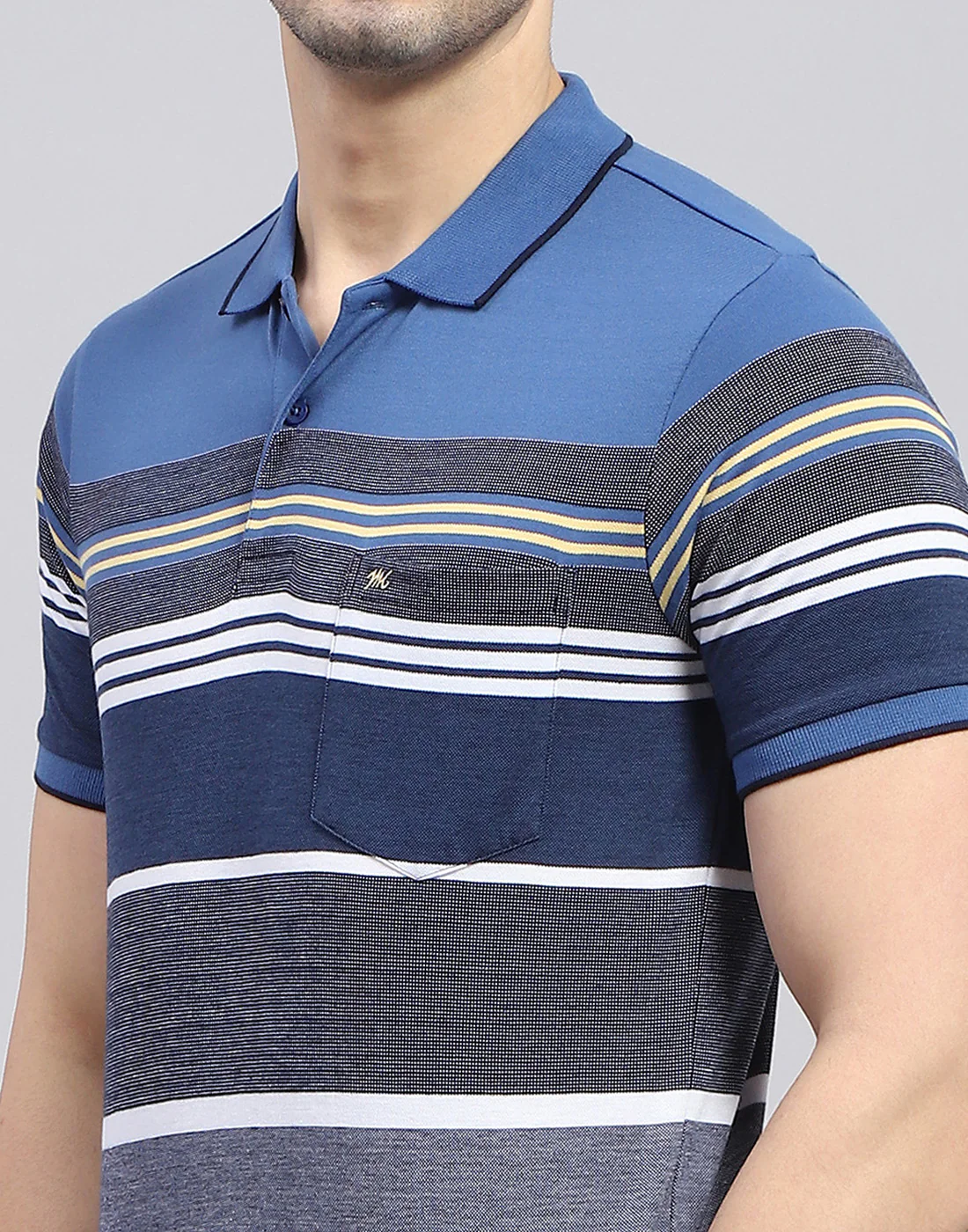 Men Blue Stripe Polo Collar Half Sleeve T-Shirt - Image 7