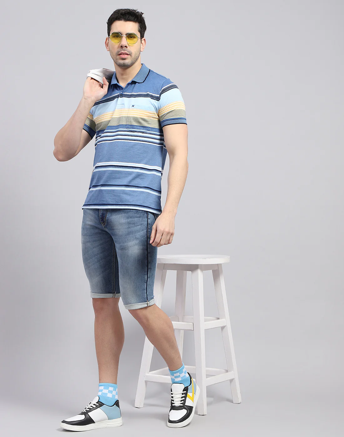 Men Blue Stripe Polo Collar Half Sleeve T-Shirt - Image 2