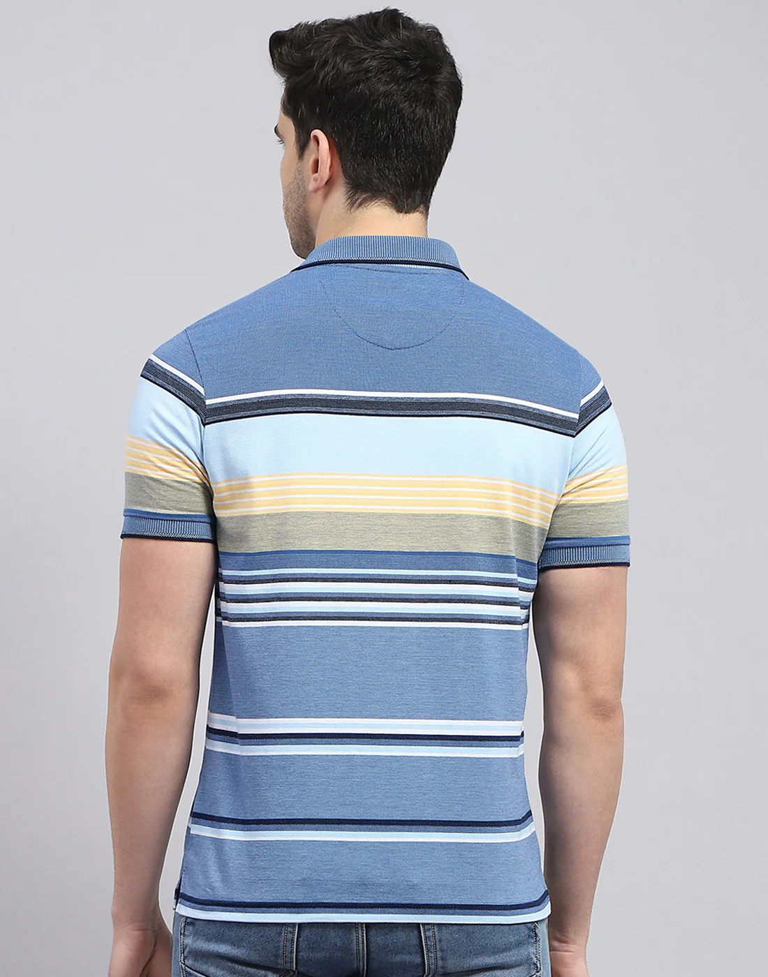 Men Blue Stripe Polo Collar Half Sleeve T-Shirt - Image 5