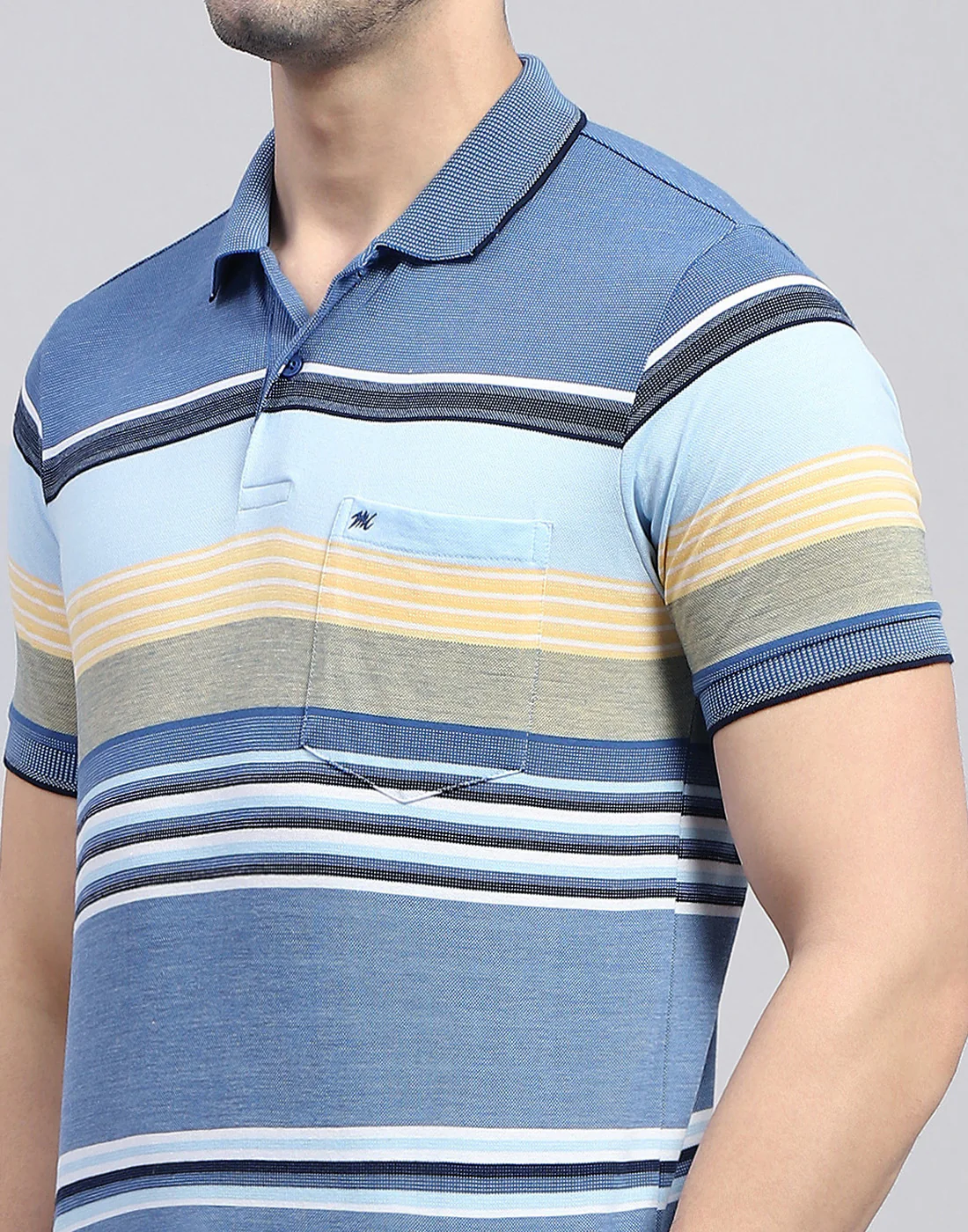 Men Blue Stripe Polo Collar Half Sleeve T-Shirt - Image 6