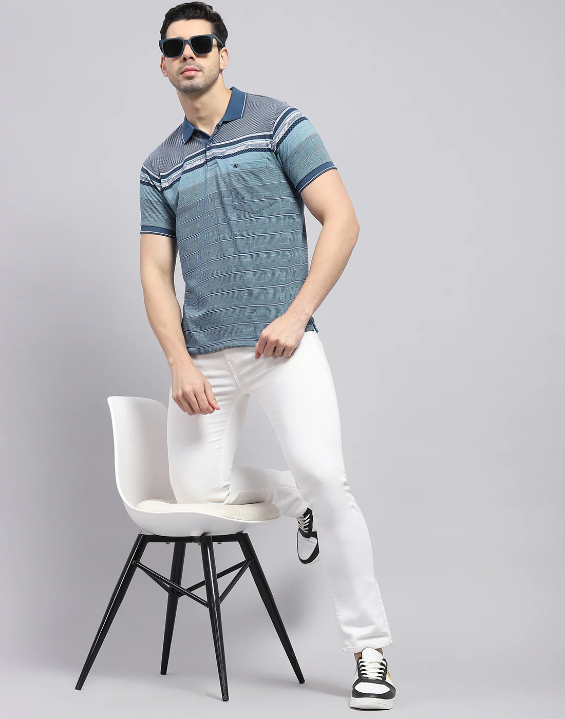 Men Blue Stripe Polo Collar Half Sleeve T-Shirt - Image 2