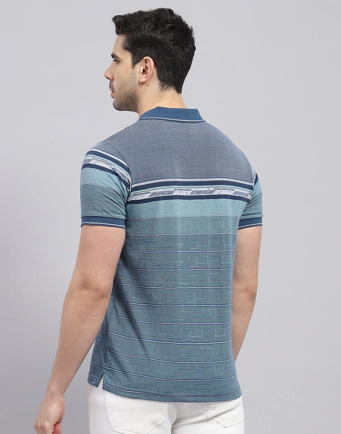Men Blue Stripe Polo Collar Half Sleeve T-Shirt - Image 5