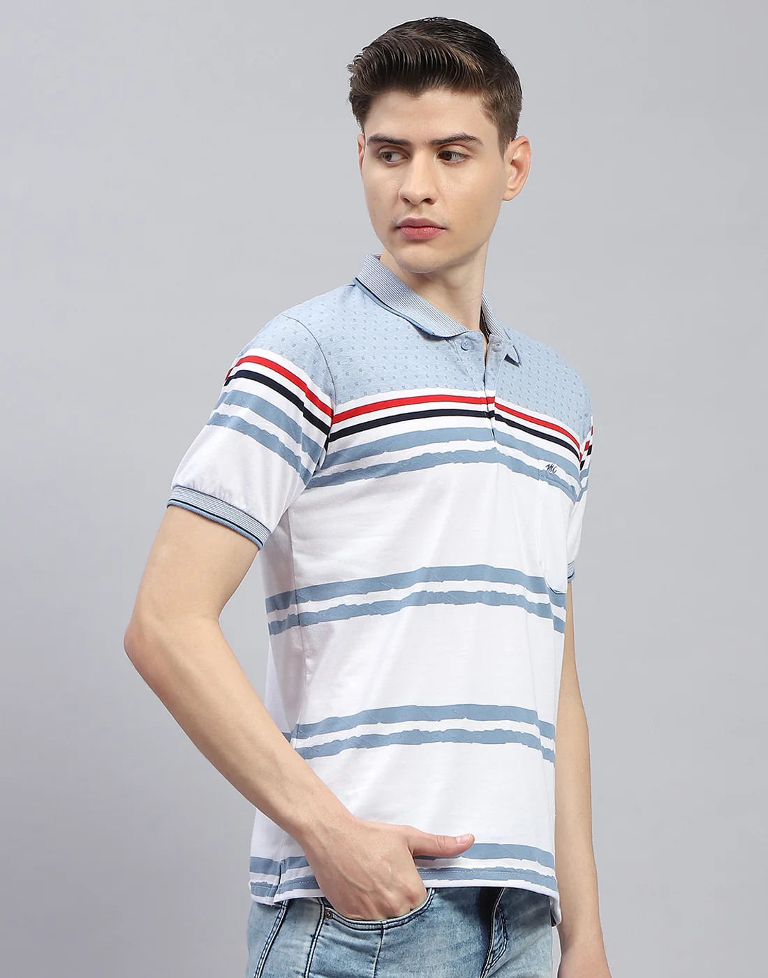 Men Blue Stripe Polo Collar Half Sleeve T-Shirt - Image 5