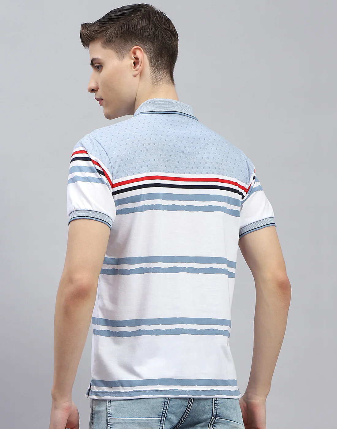 Men Blue Stripe Polo Collar Half Sleeve T-Shirt - Image 6