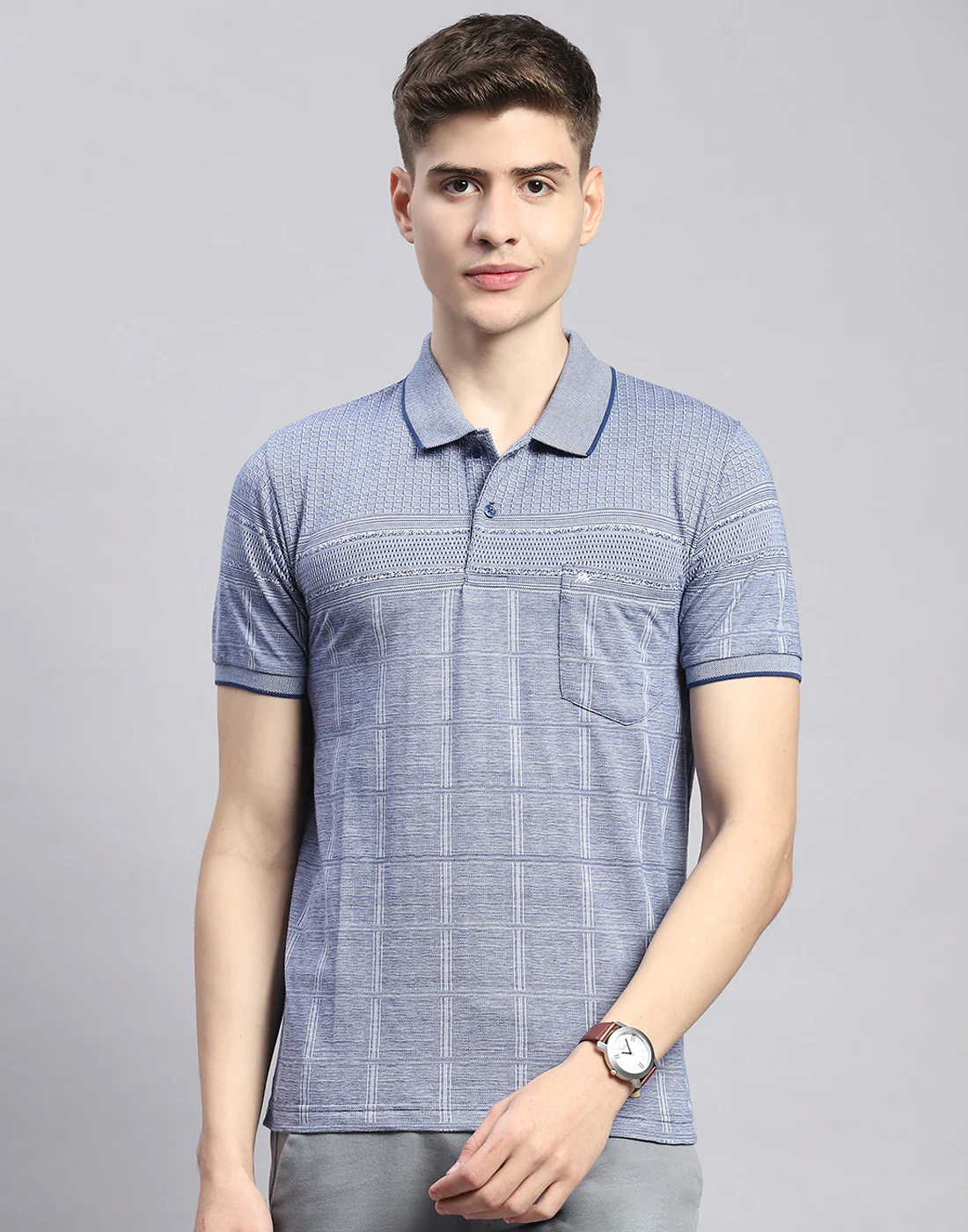 Men Blue Stripe Polo Collar Half Sleeve T-Shirt - Image 3