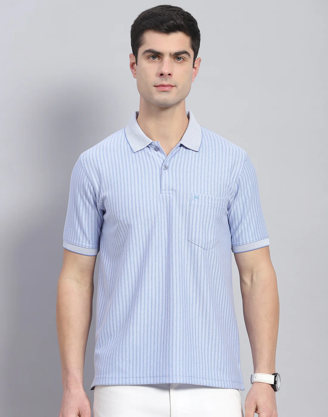 Men Blue Stripe Polo Collar Half Sleeve T-Shirt - Image 2