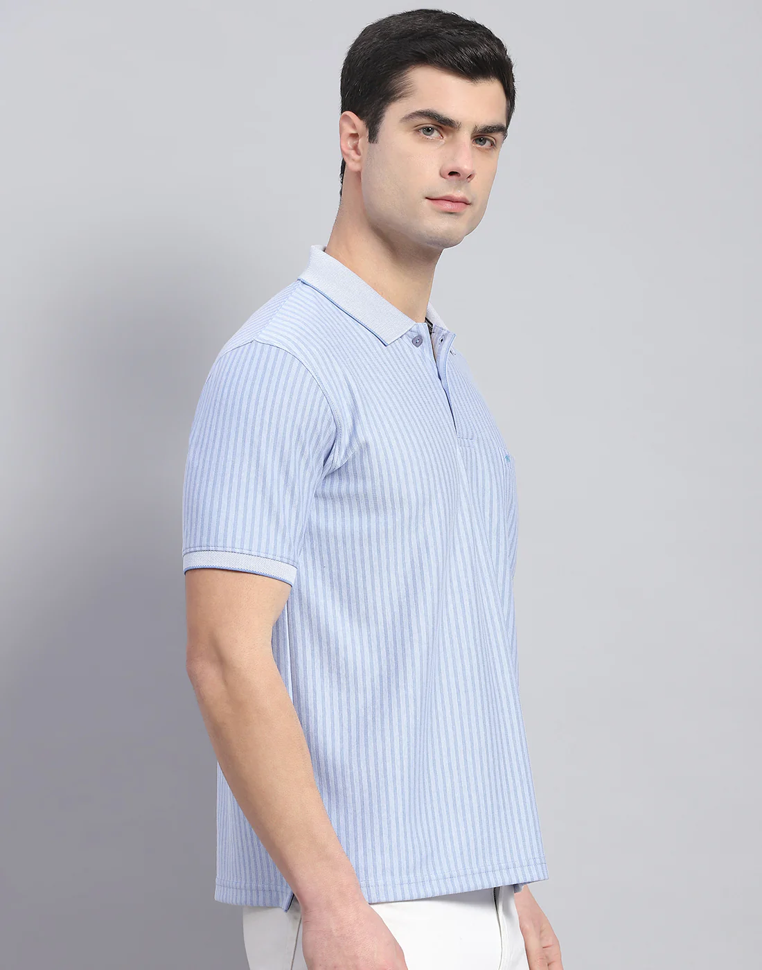 Men Blue Stripe Polo Collar Half Sleeve T-Shirt - Image 4