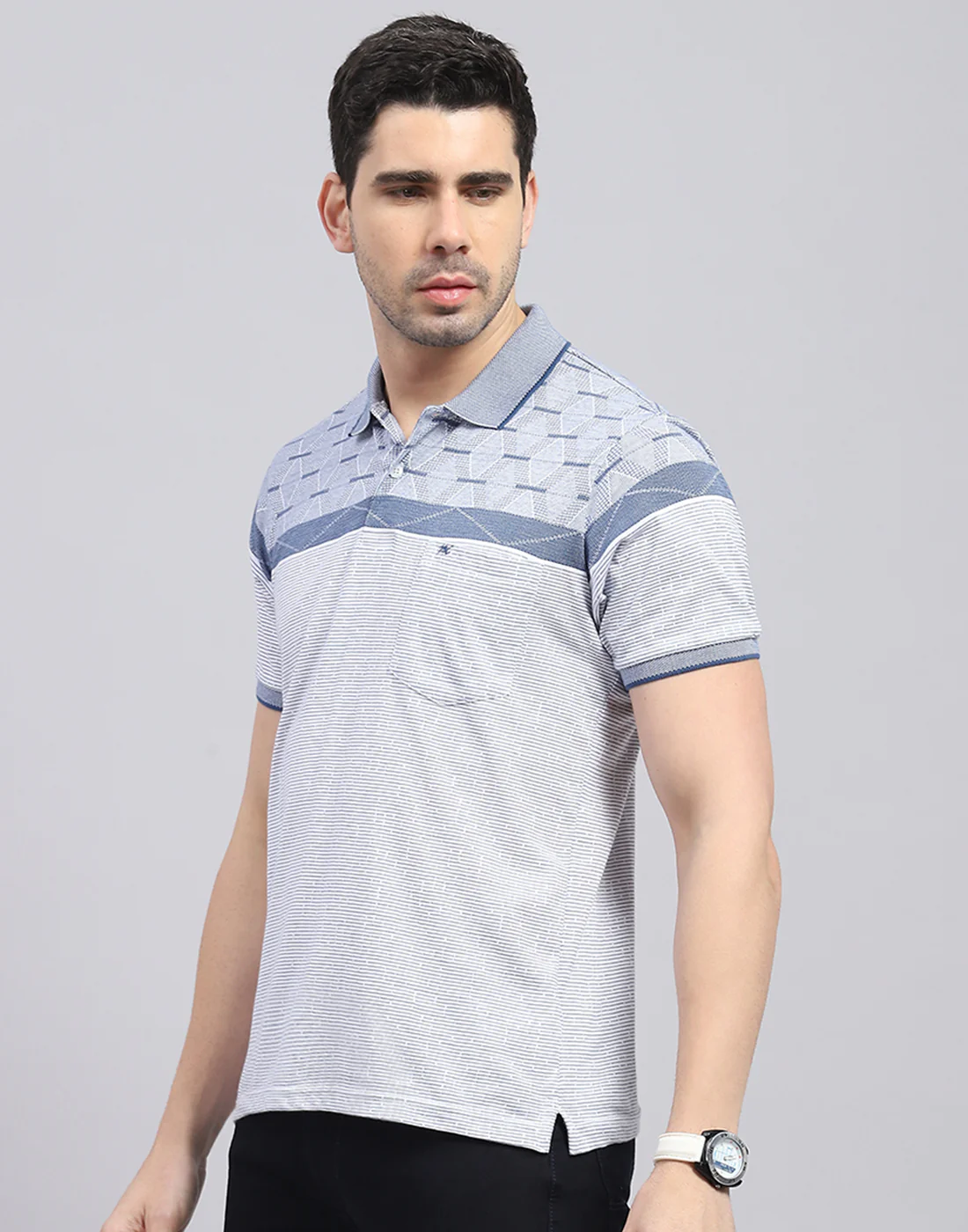 Men Blue Stripe Polo Collar Half Sleeve T-Shirt - Image 4