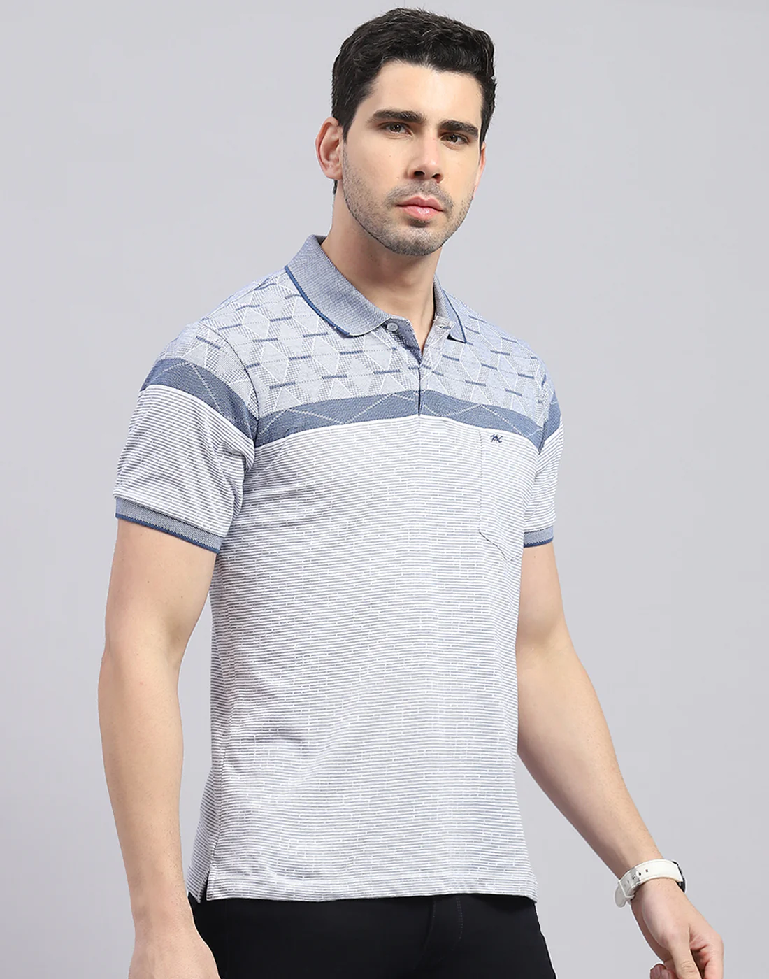 Men Blue Stripe Polo Collar Half Sleeve T-Shirt - Image 5