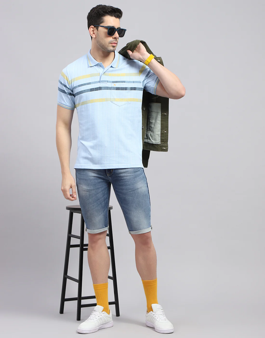 Men Blue Stripe Polo Collar Half Sleeve T-Shirt - Image 2