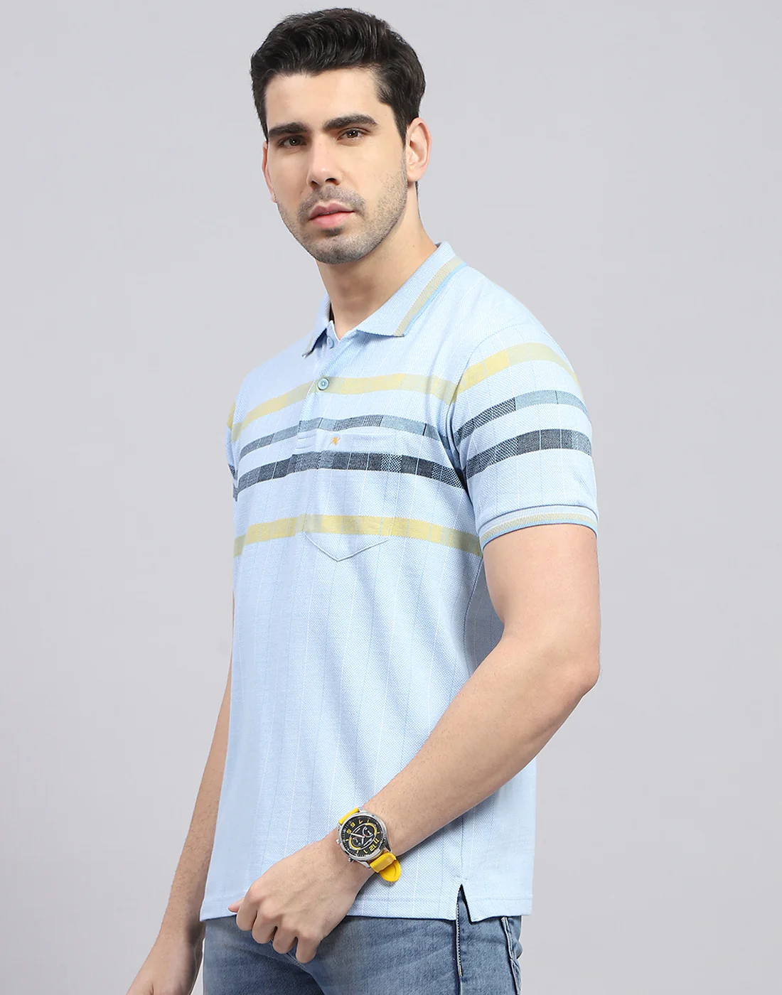 Men Blue Stripe Polo Collar Half Sleeve T-Shirt - Image 3