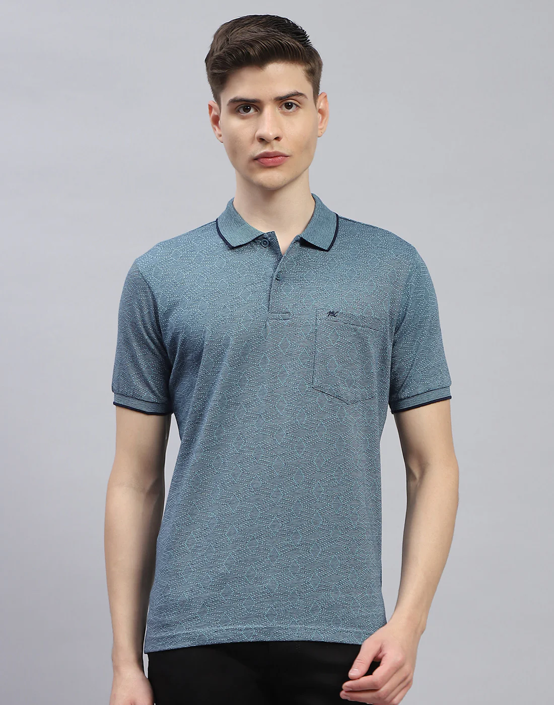 Men Blue Stripe Polo Collar Half Sleeve T-Shirt - Image 3