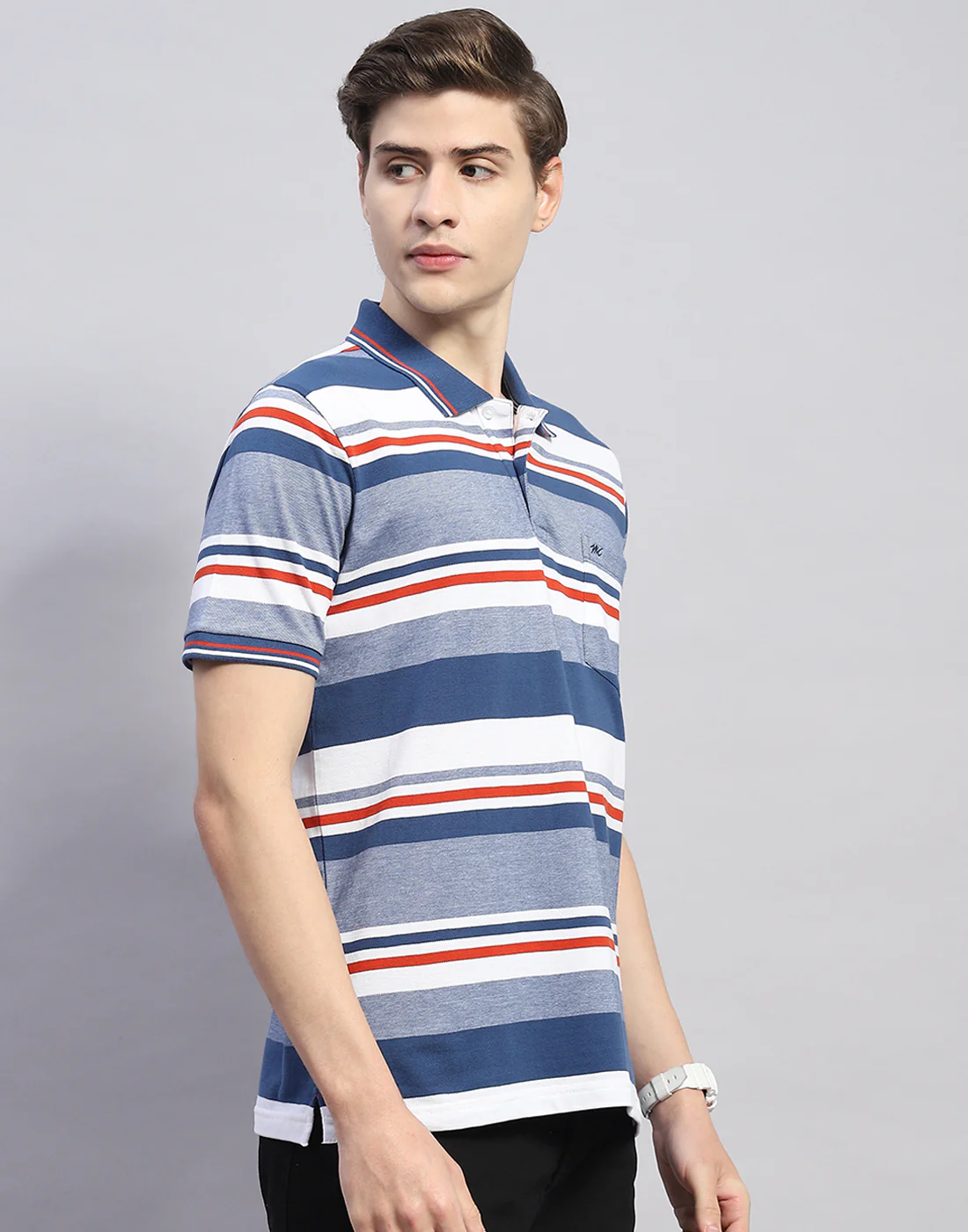 Men Blue Stripe Polo Collar Half Sleeve T-Shirt - Image 5