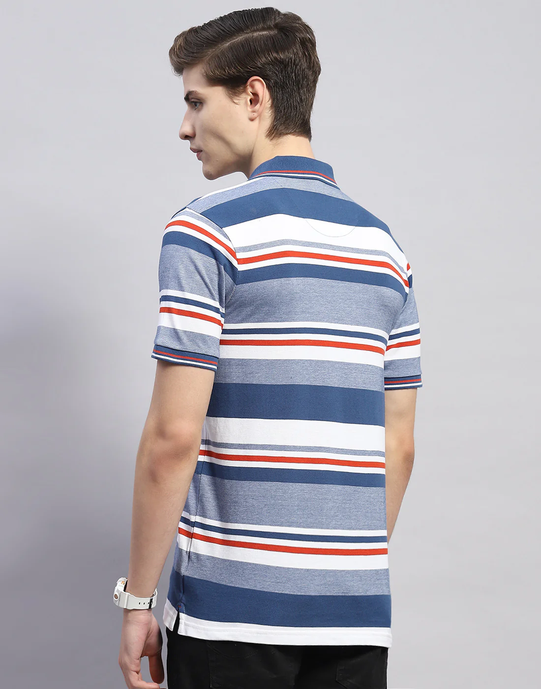 Men Blue Stripe Polo Collar Half Sleeve T-Shirt - Image 6