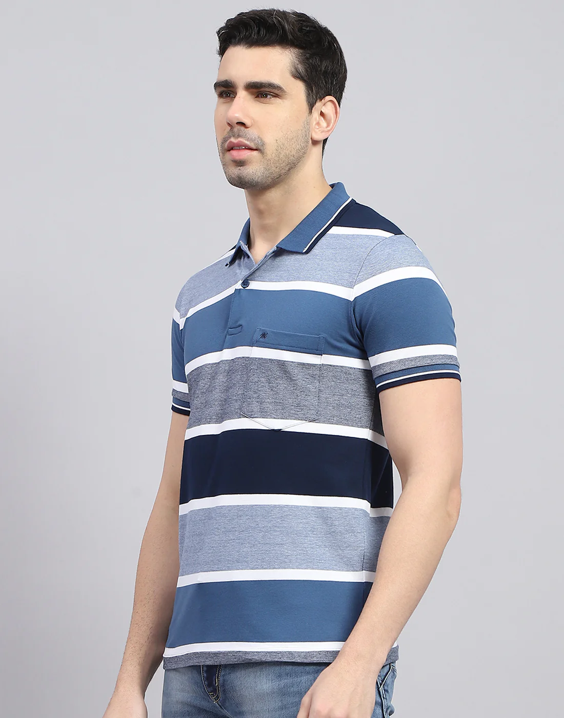 Men Blue Stripe Polo Collar Half Sleeve T-Shirt - Image 3