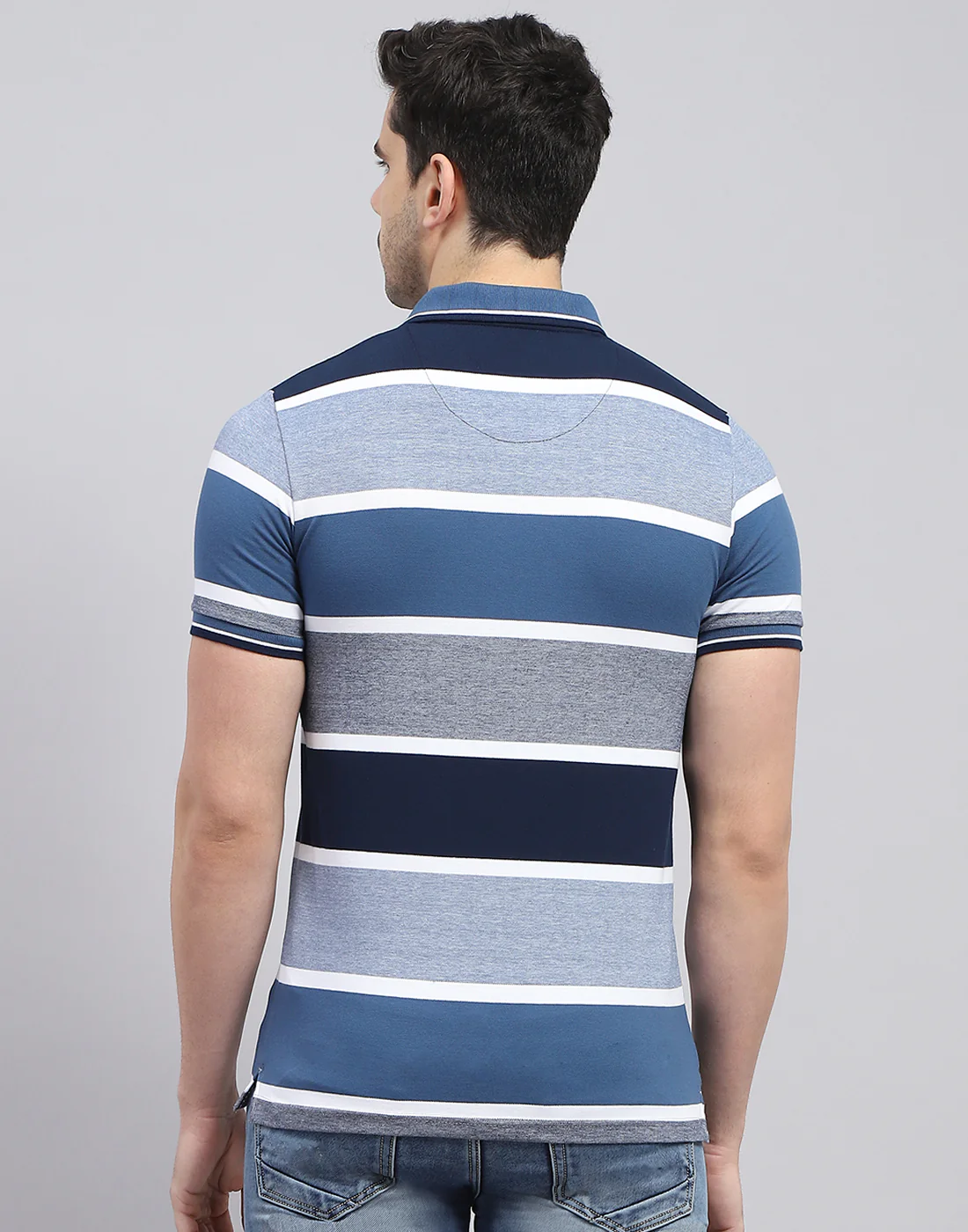 Men Blue Stripe Polo Collar Half Sleeve T-Shirt - Image 5