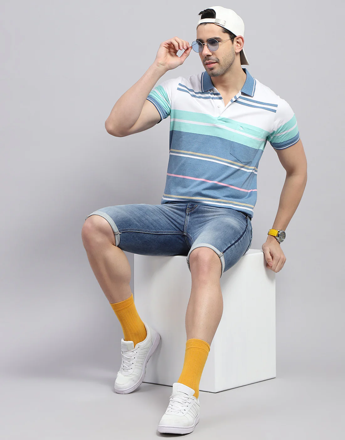 Men Blue Stripe Polo Collar Half Sleeve T-Shirt - Image 2