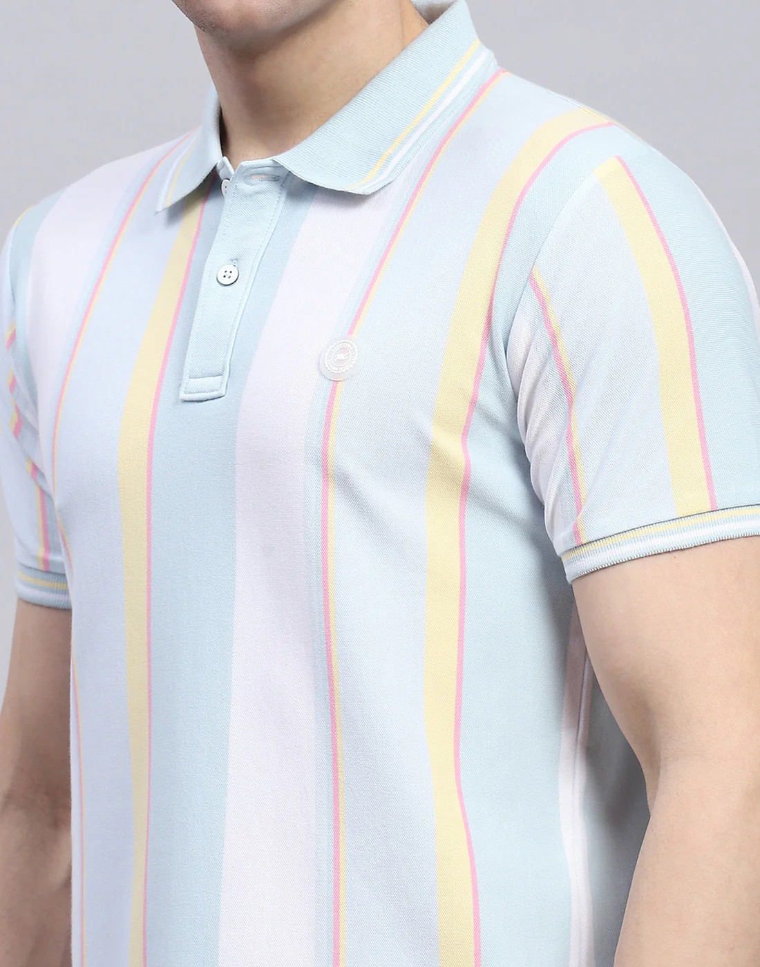 Men Blue Stripe Polo Collar Half Sleeve T-Shirt - Image 6