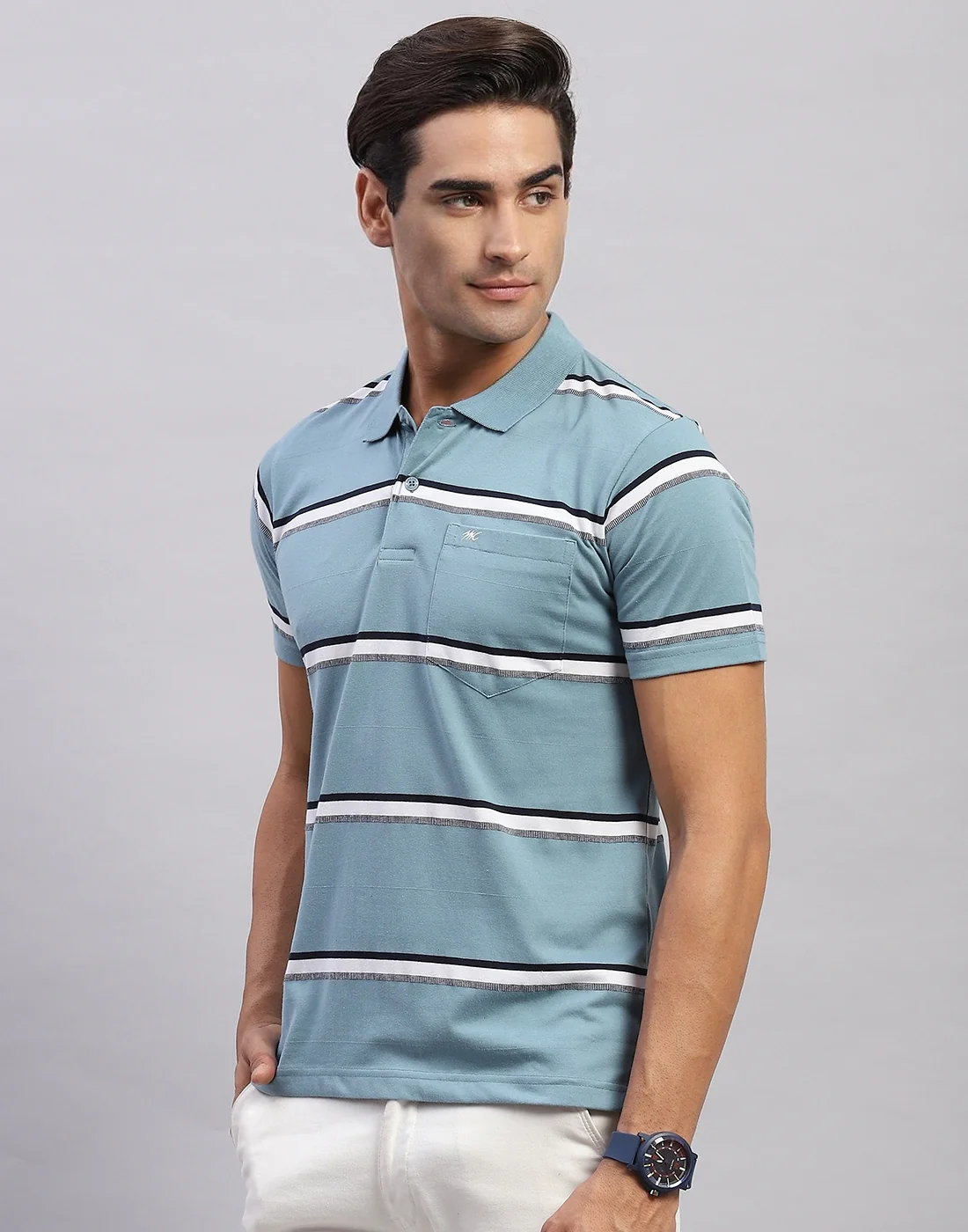 Men Blue Stripe Polo Collar Half Sleeve T-Shirt - Image 3