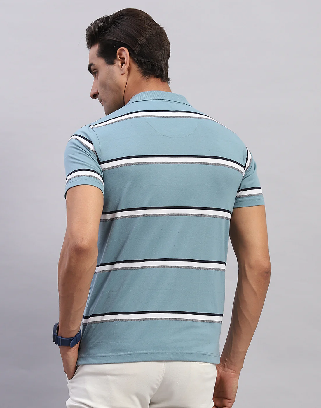 Men Blue Stripe Polo Collar Half Sleeve T-Shirt - Image 5