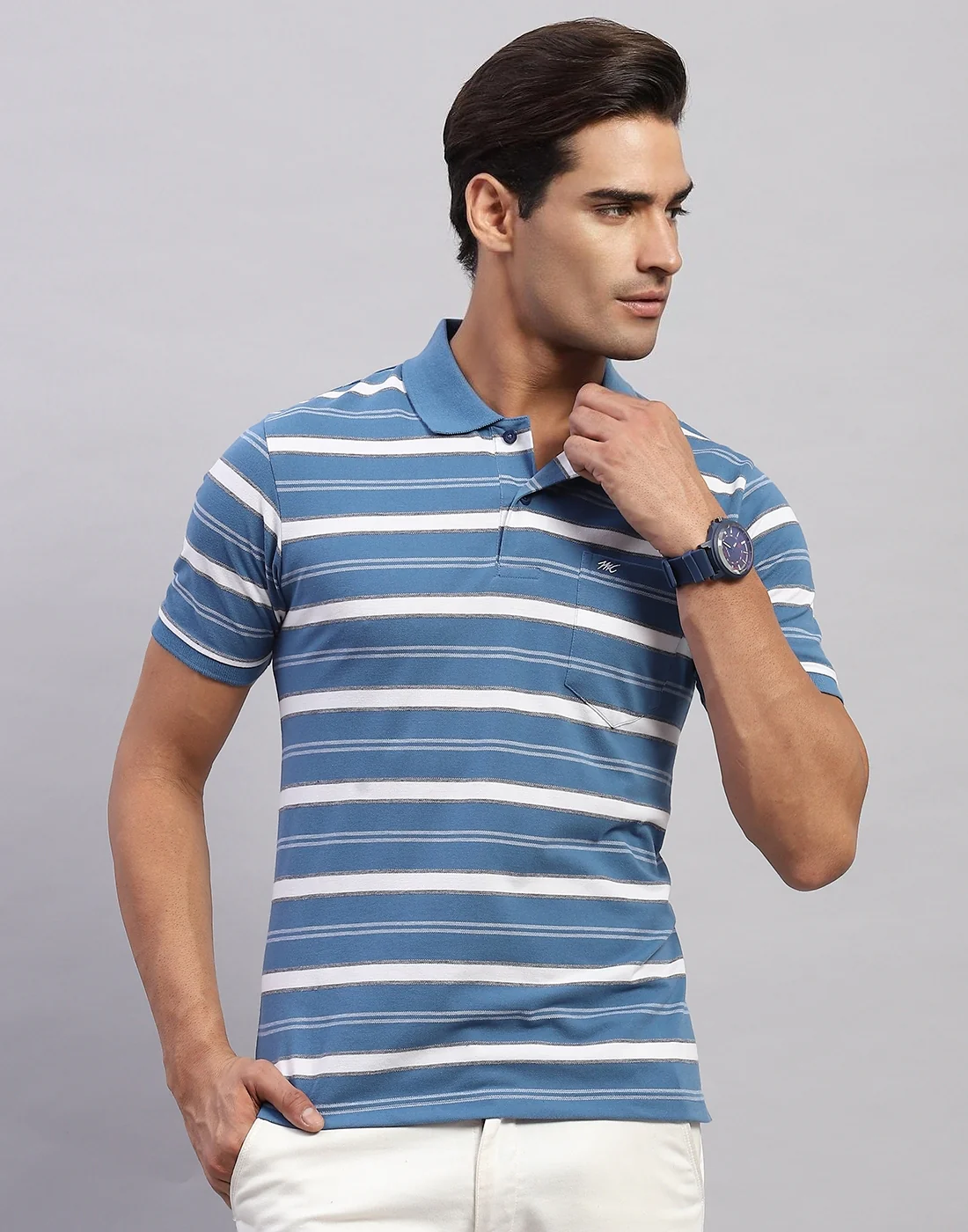 Men Blue Stripe Polo Collar Half Sleeve T-Shirt - Image 2