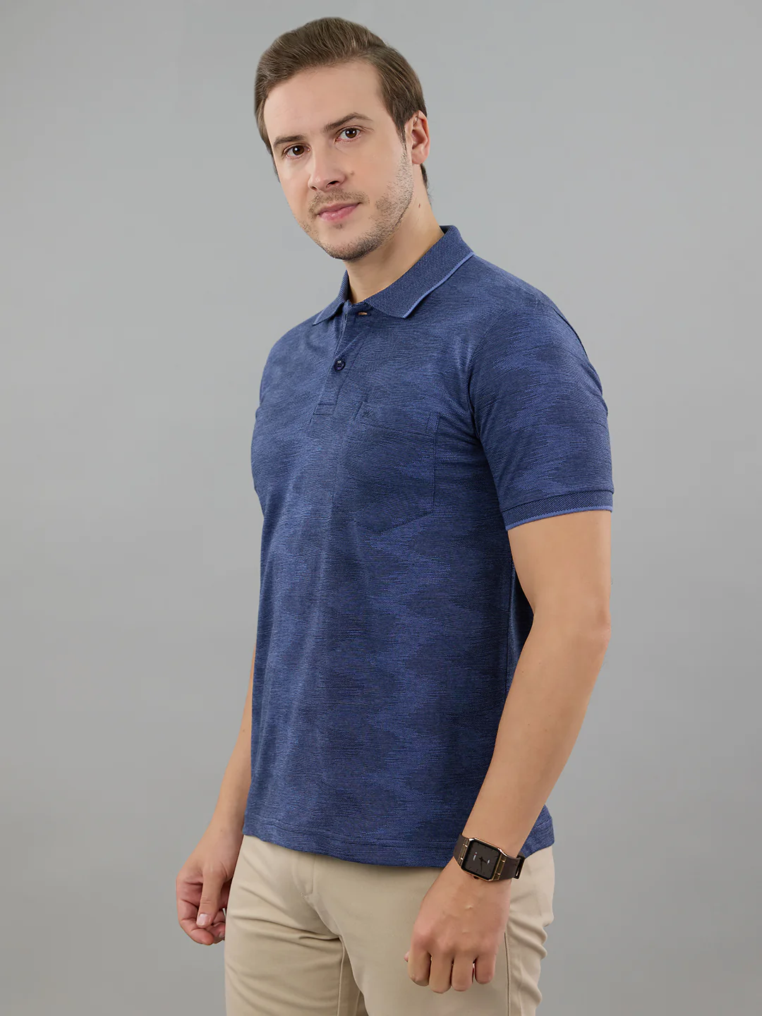 Men Blue Stripe Polo Collar Half Sleeve T-Shirt - Image 2