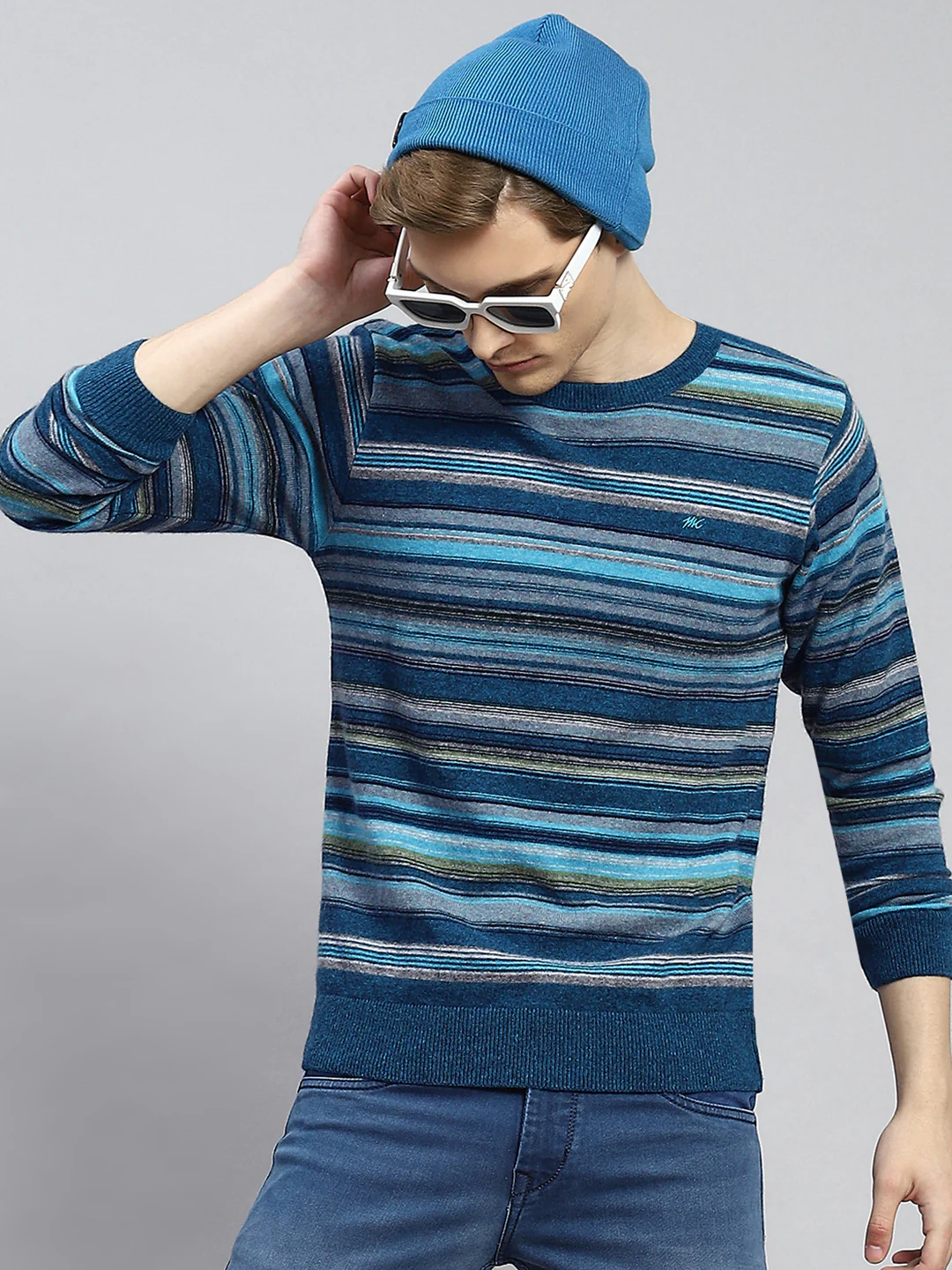 Men Blue Stripe Pullover - Image 2