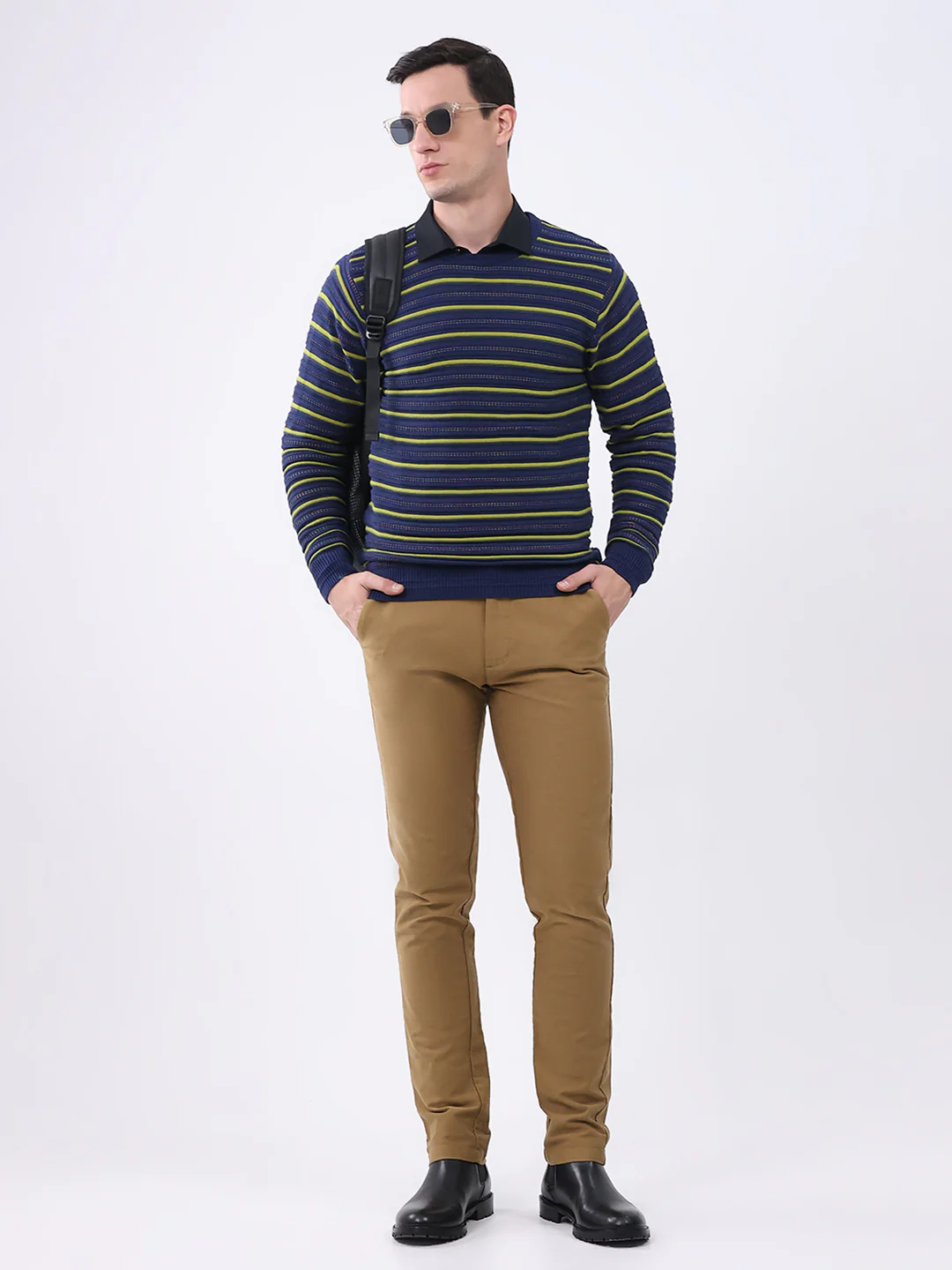 Men Blue Stripe Round Neck Full Sleeve Pullover - Image 2