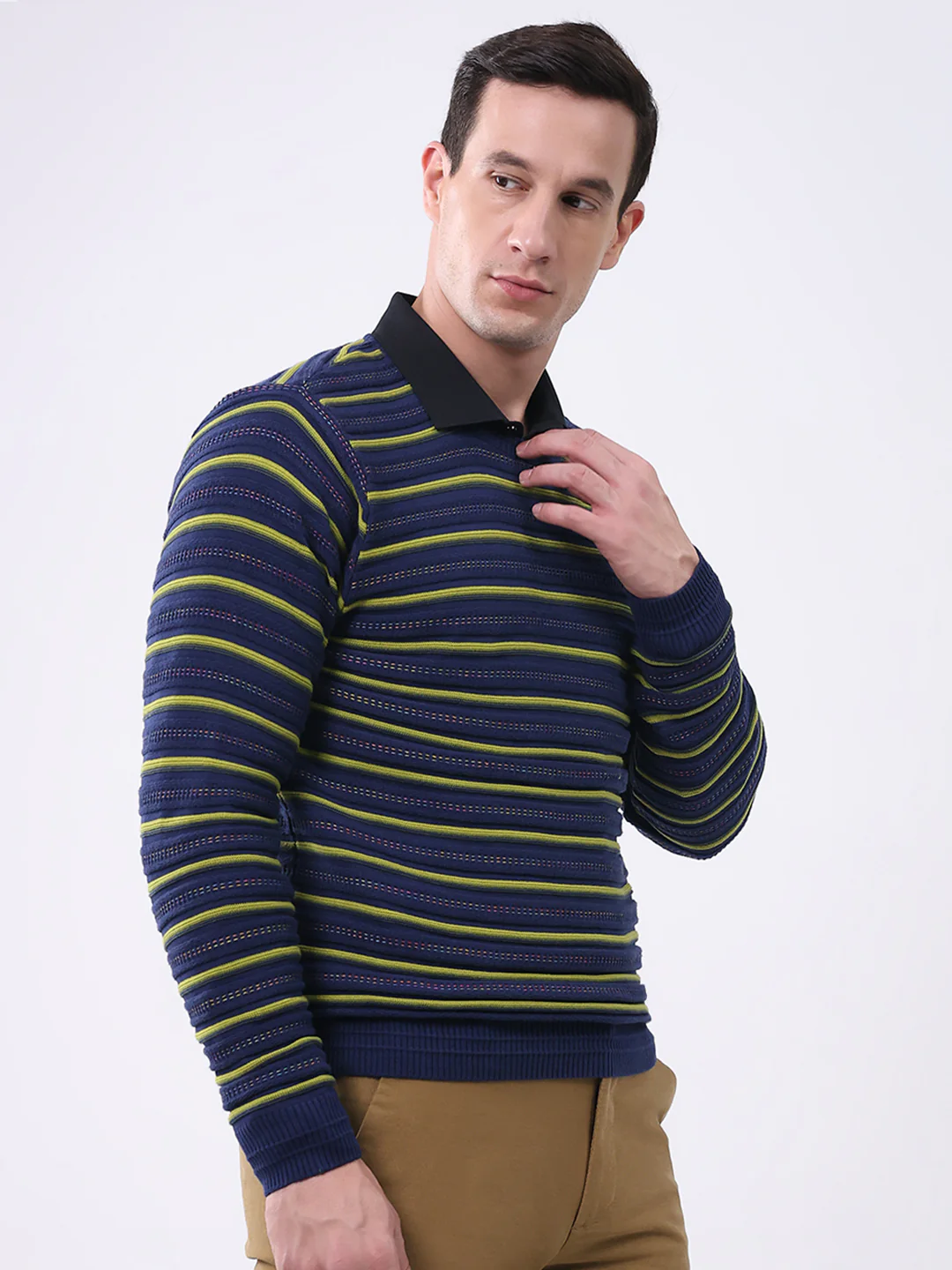 Men Blue Stripe Round Neck Full Sleeve Pullover - Image 4