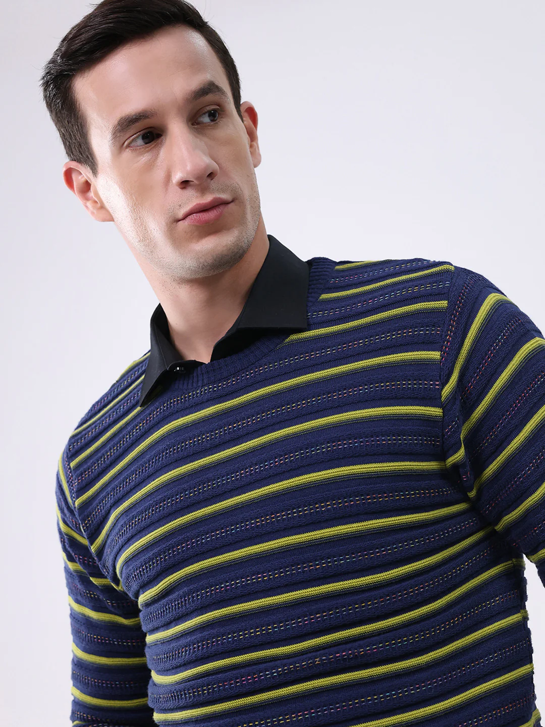 Men Blue Stripe Round Neck Full Sleeve Pullover - Image 6