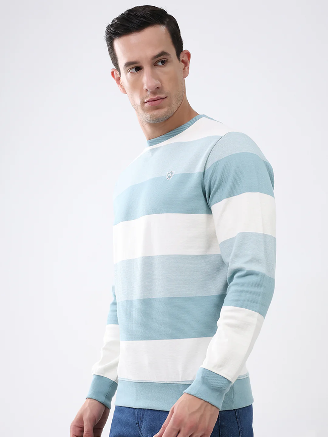 Men Blue Stripe Round Neck Full Sleeve Winter T-Shirt - Image 3