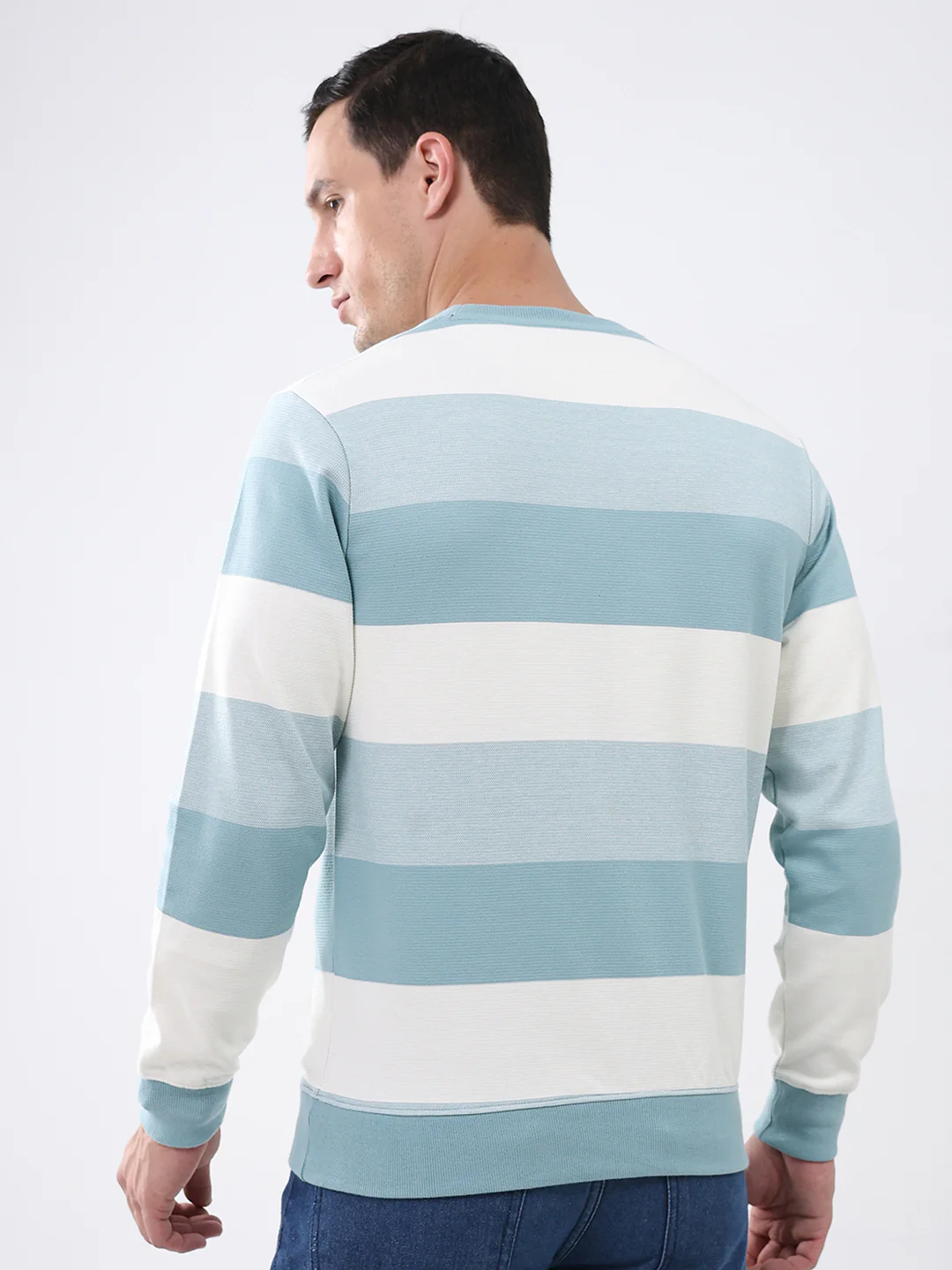 Men Blue Stripe Round Neck Full Sleeve Winter T-Shirt - Image 5