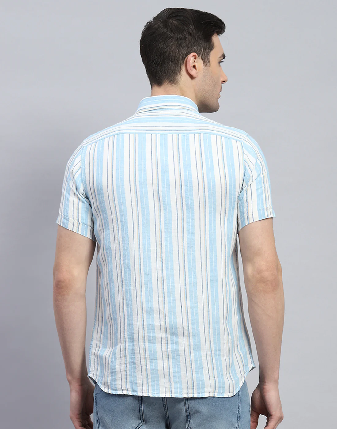 Men Blue Stripe Spread Collar Half Sleeve Linen Shirt - Image 6