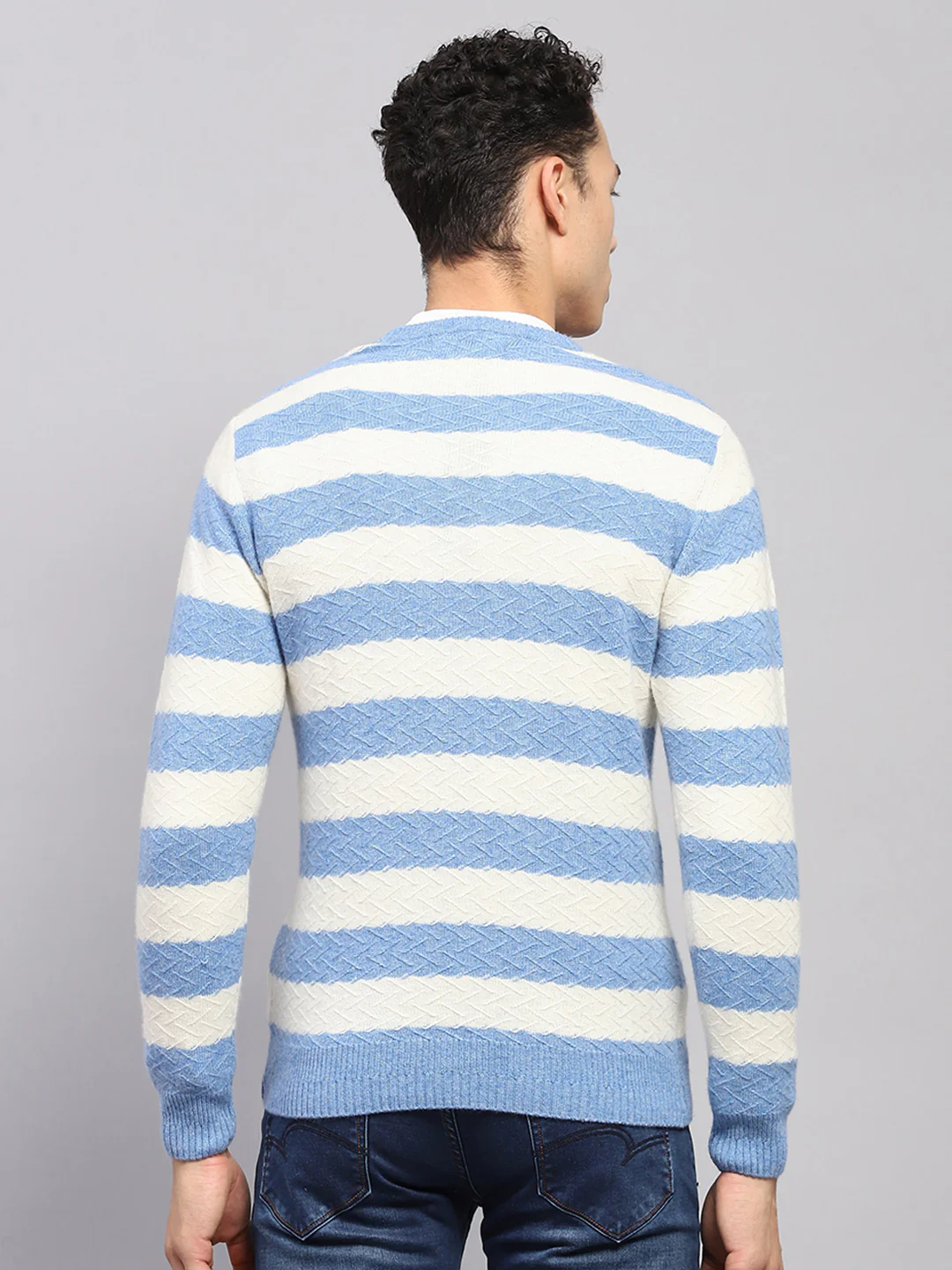 Men Blue Stripe V Neck Full Sleeve Pullover - Image 5