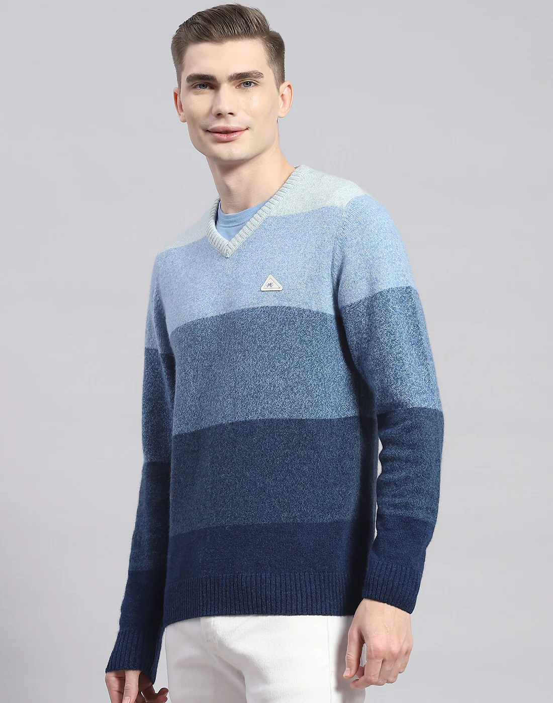Men Blue Stripe V Neck Full Sleeve Pullover - Image 3