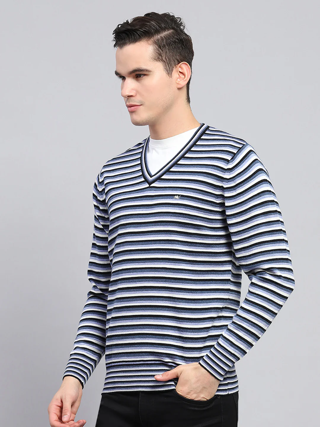 Men Blue Stripe V Neck Full Sleeve Pullover - Image 3