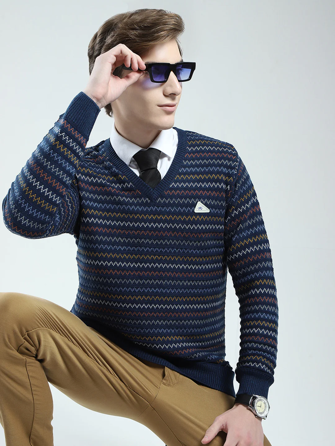Men Blue Stripe V Neck Full Sleeve Pullover - Image 6