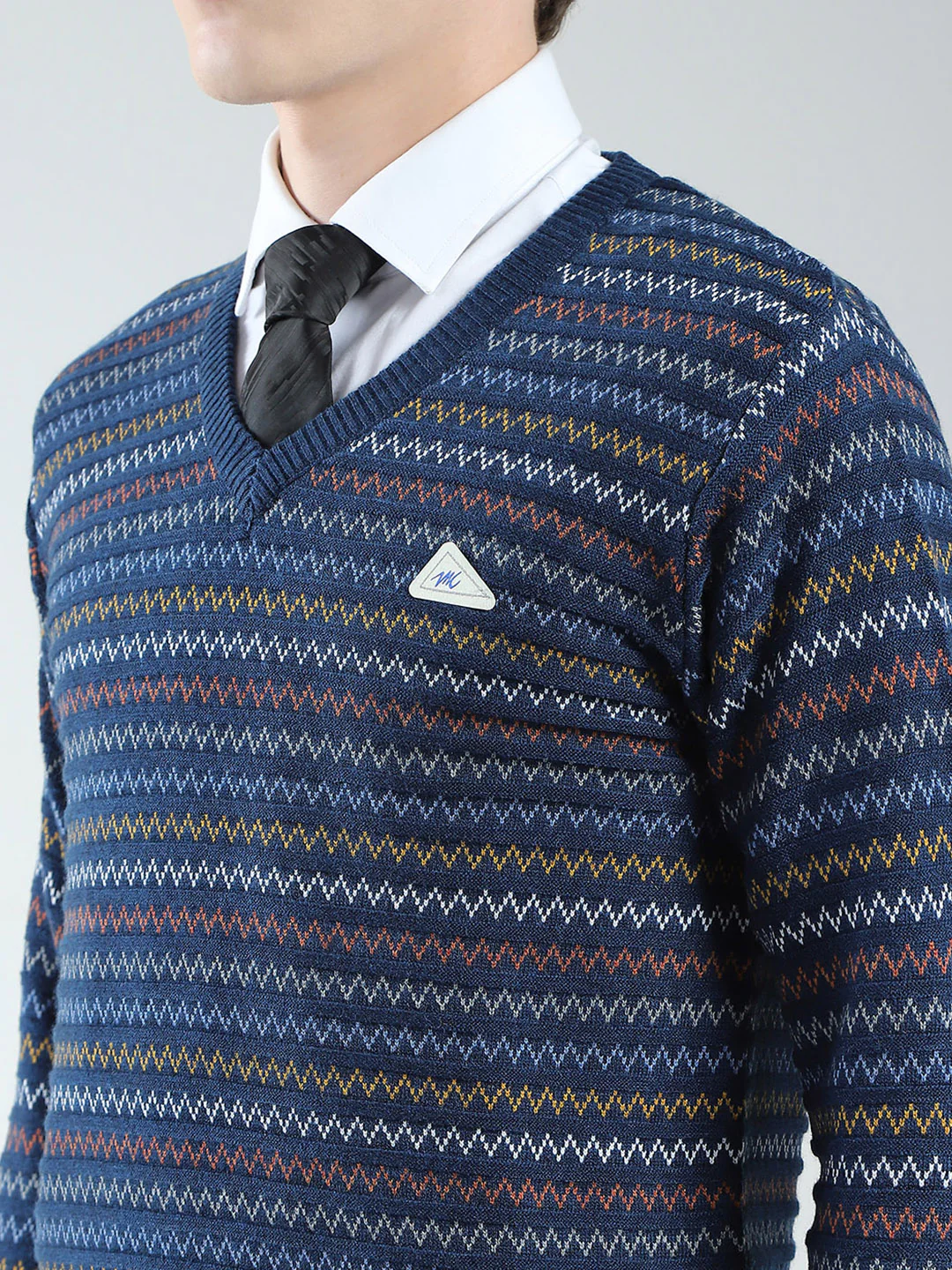 Men Blue Stripe V Neck Full Sleeve Pullover - Image 7