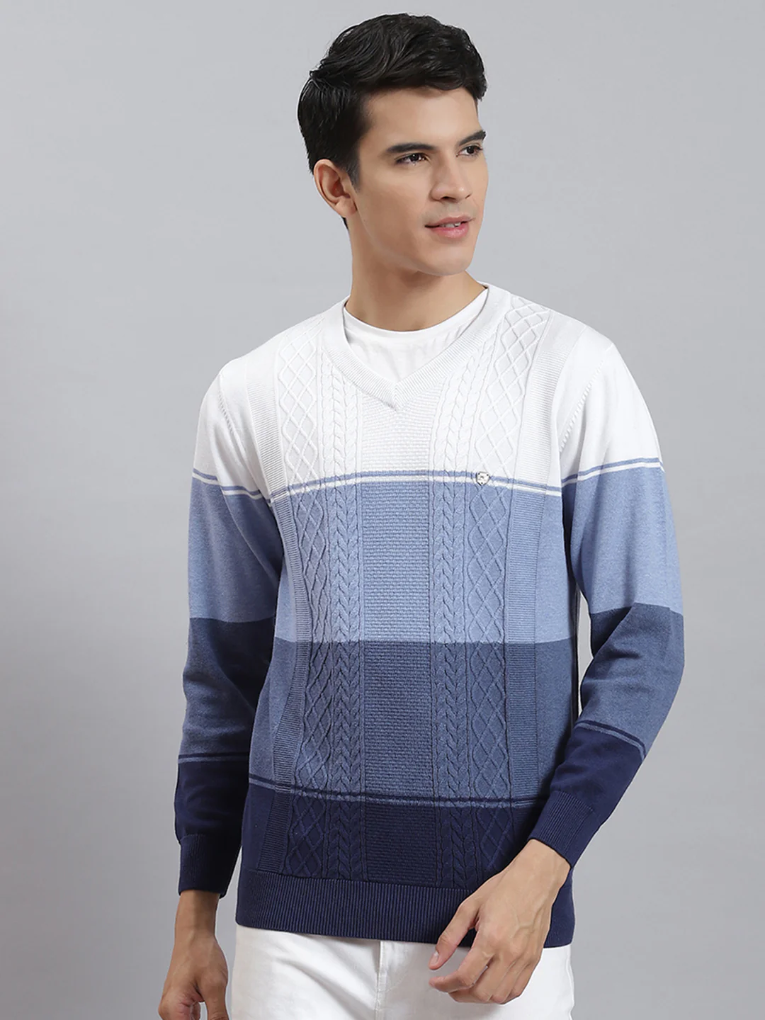 Men Blue Stripe V Neck Full Sleeve Sweaters/Pullovers - Image 2