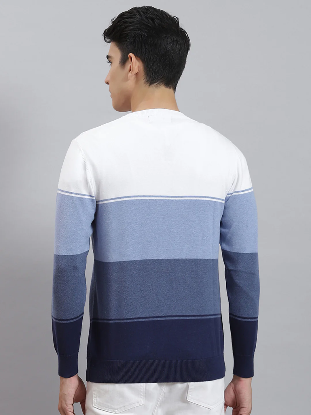 Men Blue Stripe V Neck Full Sleeve Sweaters/Pullovers - Image 5