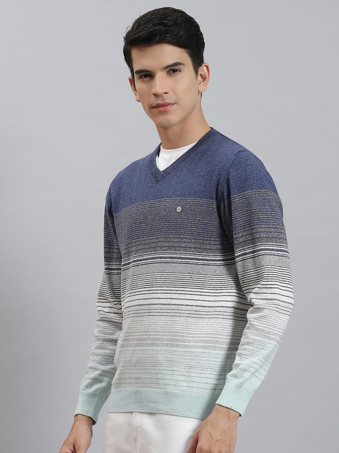 Men Blue Stripe V Neck Full Sleeve Sweaters/Pullovers - Image 3