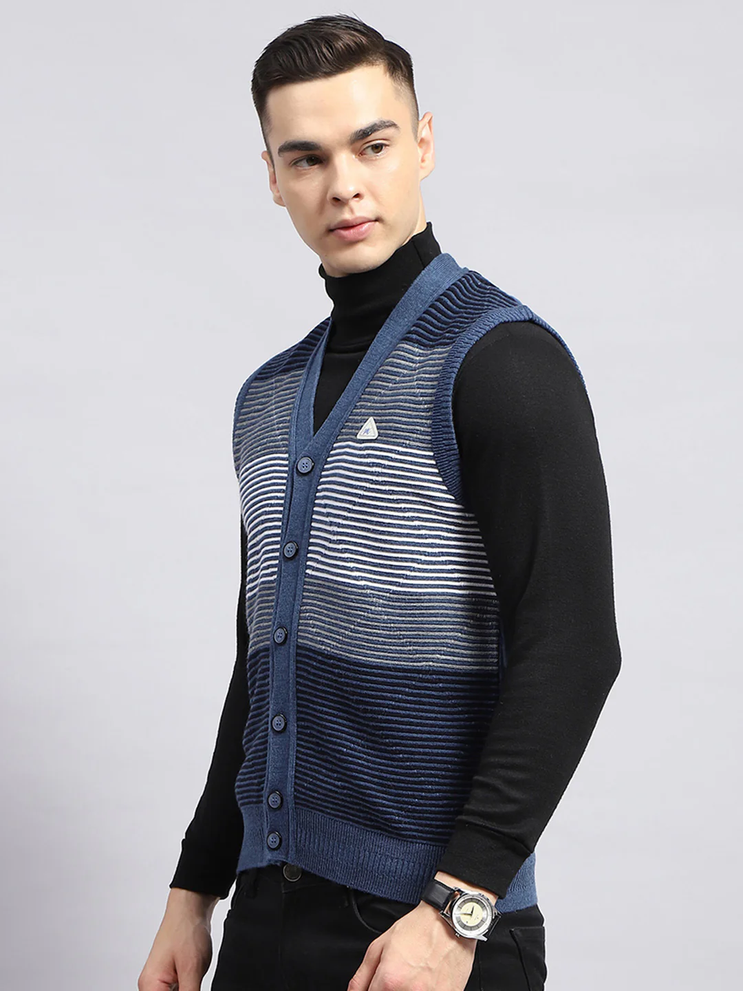 Men Blue Stripe V Neck Sleeveless Cardigan - Image 3