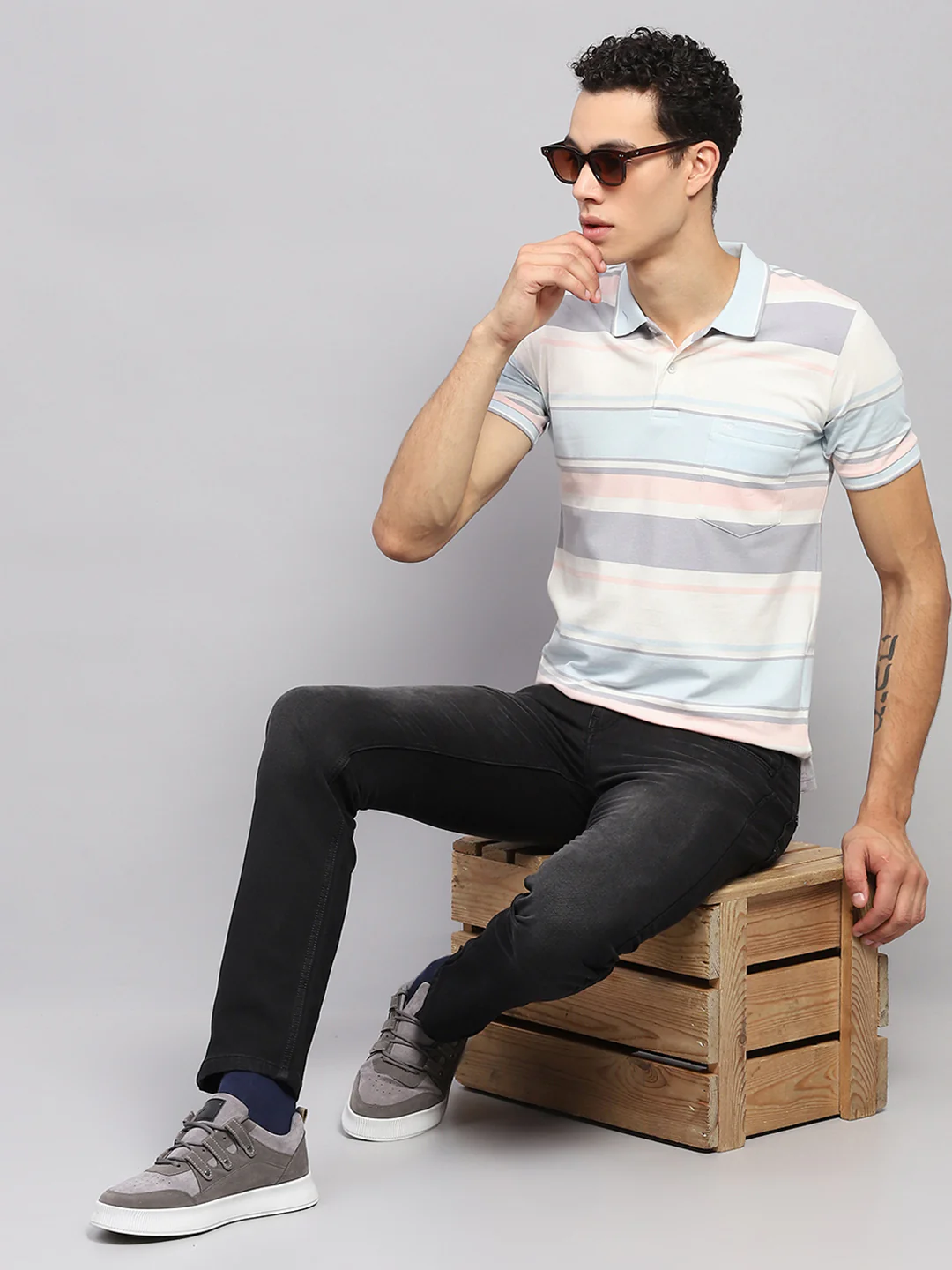 Men Blue & White Stripe Collar Half Sleeve T-Shirt - Image 2