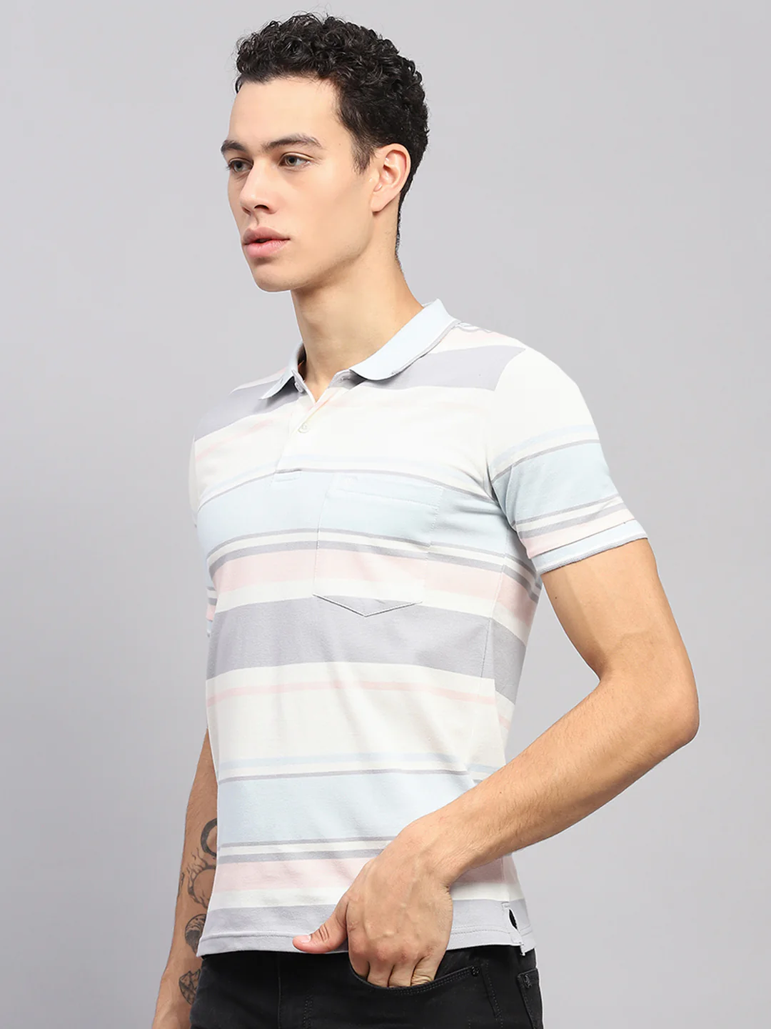 Men Blue & White Stripe Collar Half Sleeve T-Shirt - Image 3