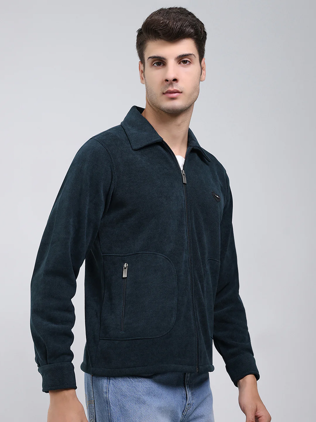 Men Bottle Green Self Design Collar Full Sleeve Sweatshirt - Image 4